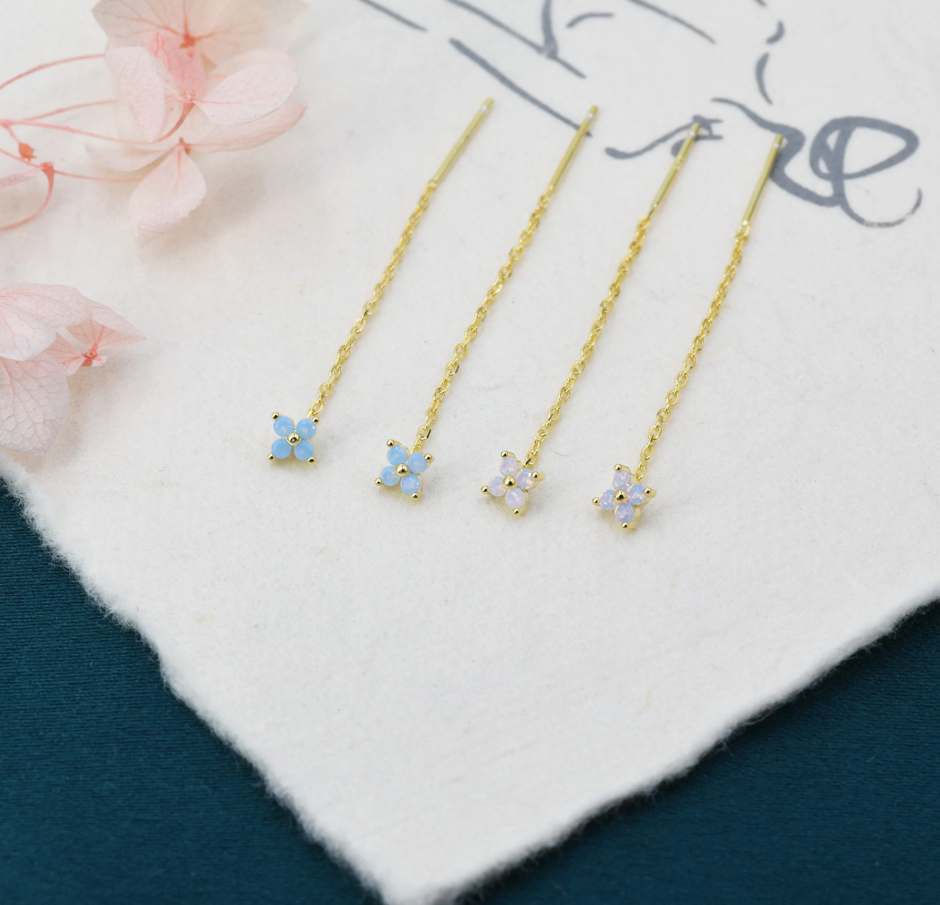 Tiny Hydrangea Flower CZ Threader Earrings in Sterling Silver, Silver or Gold, Pink Blue, Four Dot Crystal Ear Threaders, Flower CZ Earrings - Image 6