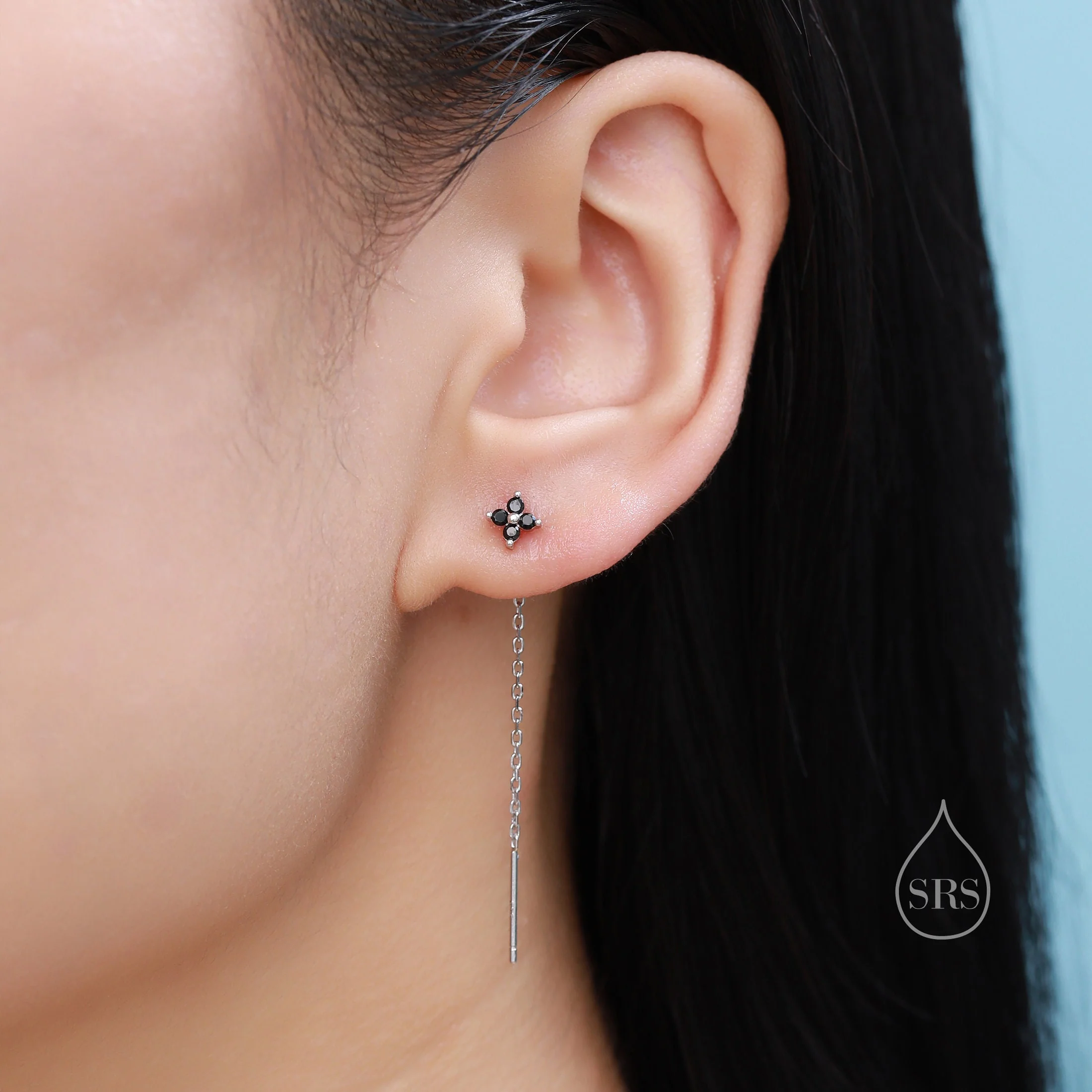 Tiny Hydrangea Flower CZ Threader Earrings in Sterling Silver, Silver or Gold, Pink Blue, Four Dot Crystal Ear Threaders, Flower CZ Earrings - Image 9