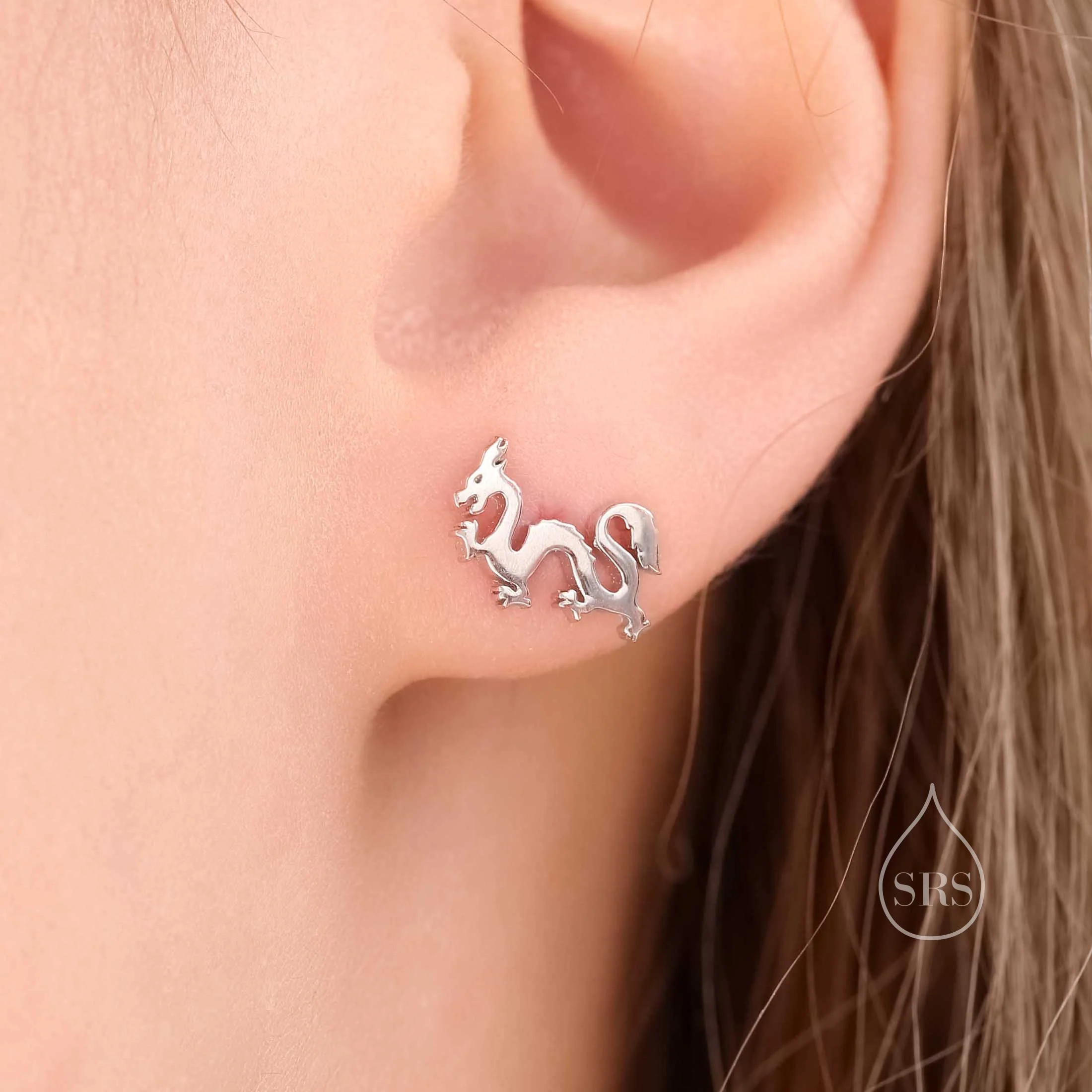 Tiny Japanese Dragon Stud Earrings in Sterling Silver, Silver or Gold or Rose Gold, Sterling Silver Dragon Earrings - Image 2