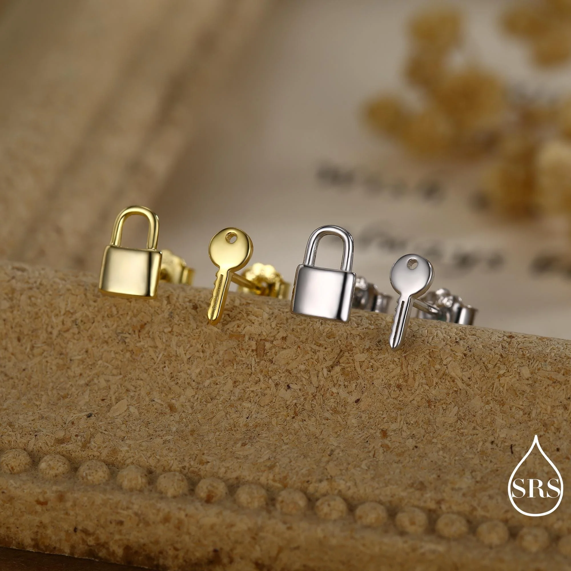 Tiny Key and Lock Mismatched Stud Earrings in Sterling Silver, Silver or Gold, Stacking Earrings - Image 3