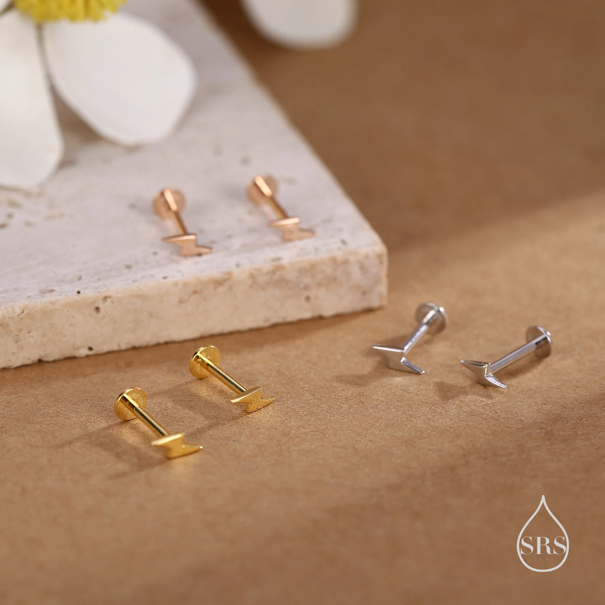 Tiny Lightning Bolt 16G Internally Threaded Flat Back Earrings in Sterling Silver - Image 6