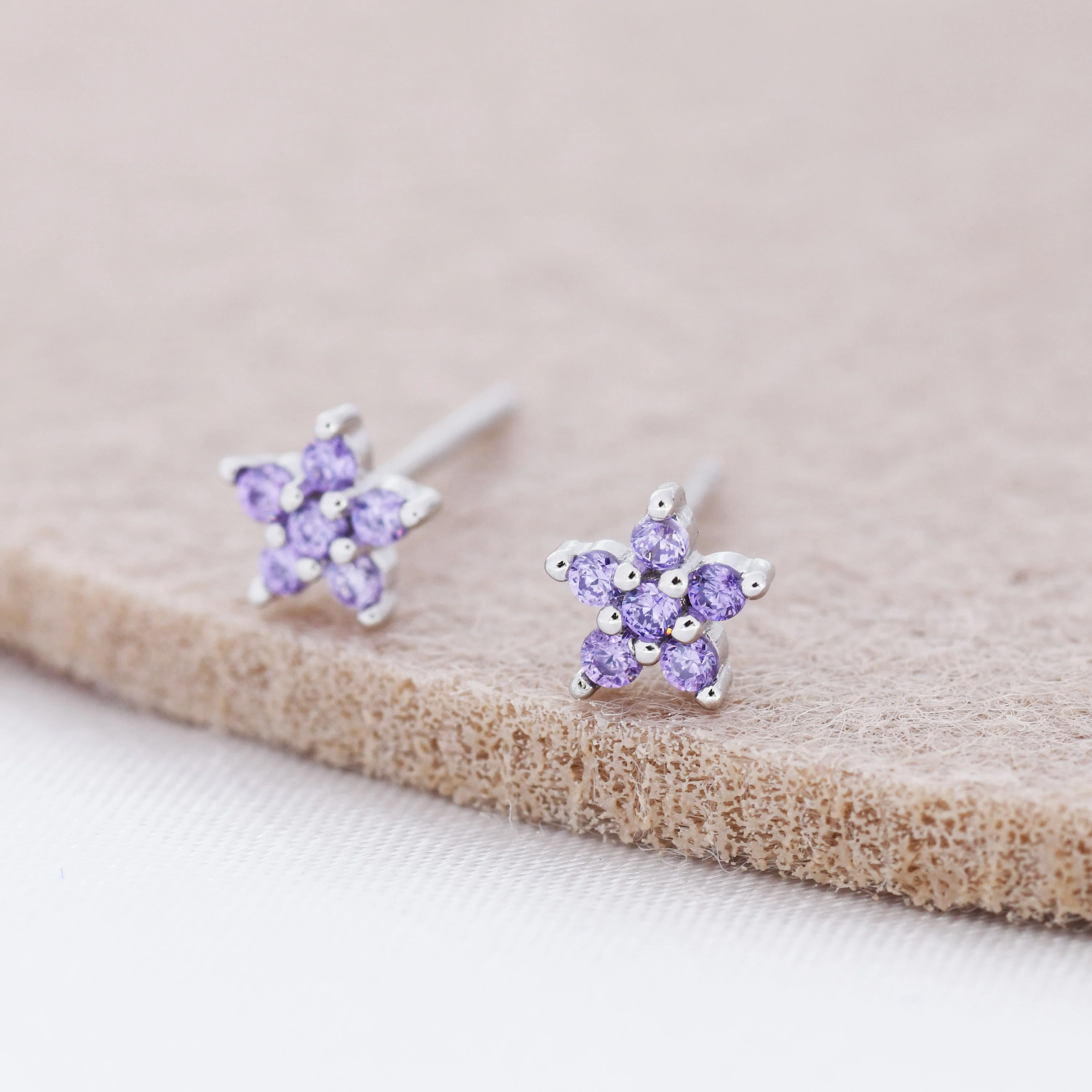 Tiny Lilac Purple CZ Flower Stud Earrings in Sterling Silver, Silver or Gold, Amethyst Crystal Flower Earrings, Stacking Earrings - Image 6