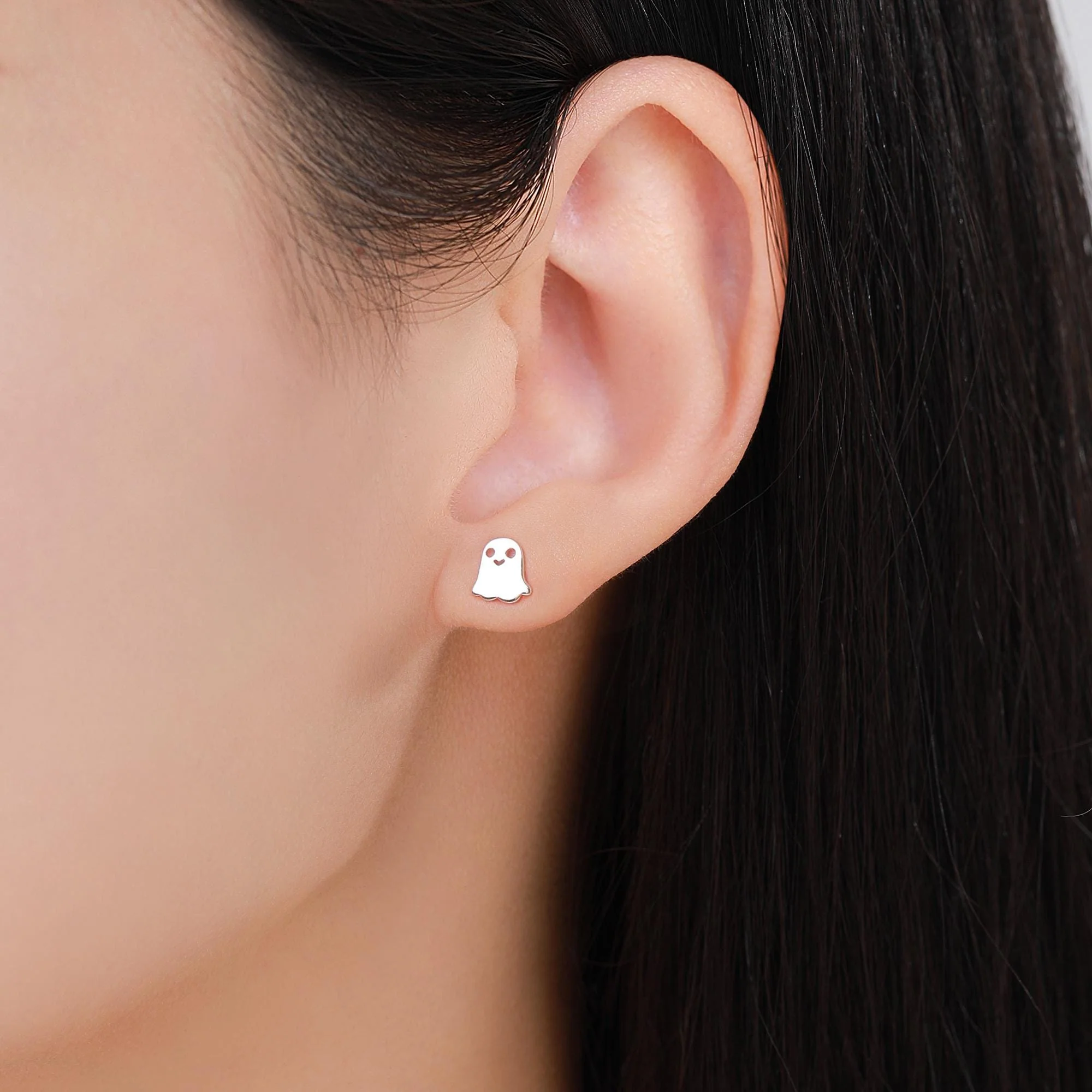Tiny Little Cute Ghost 16G Internally Threaded Flat Back Earrings in Sterling Silver - Image 3