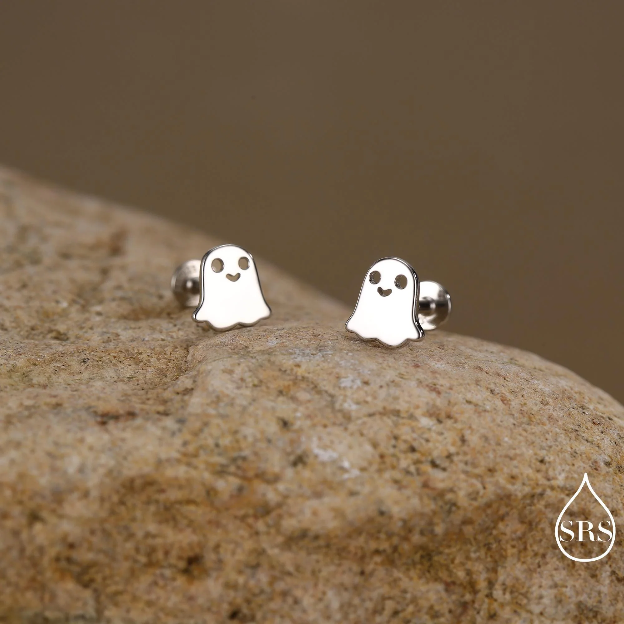 Tiny Little Cute Ghost 16G Internally Threaded Flat Back Earrings in Sterling Silver - Image 4