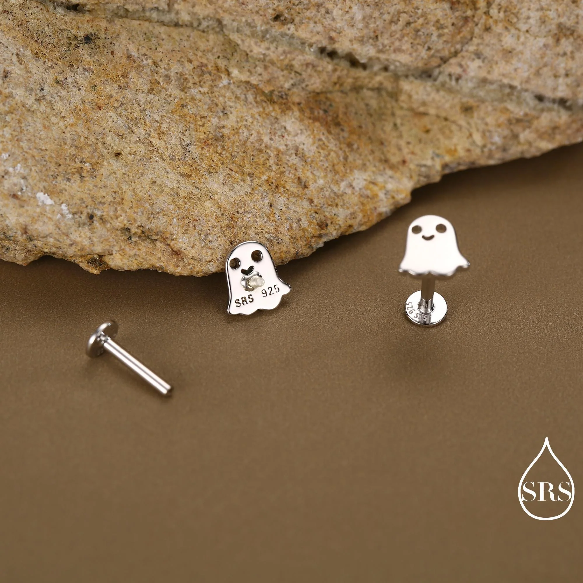 Tiny Little Cute Ghost 16G Internally Threaded Flat Back Earrings in Sterling Silver - Image 5