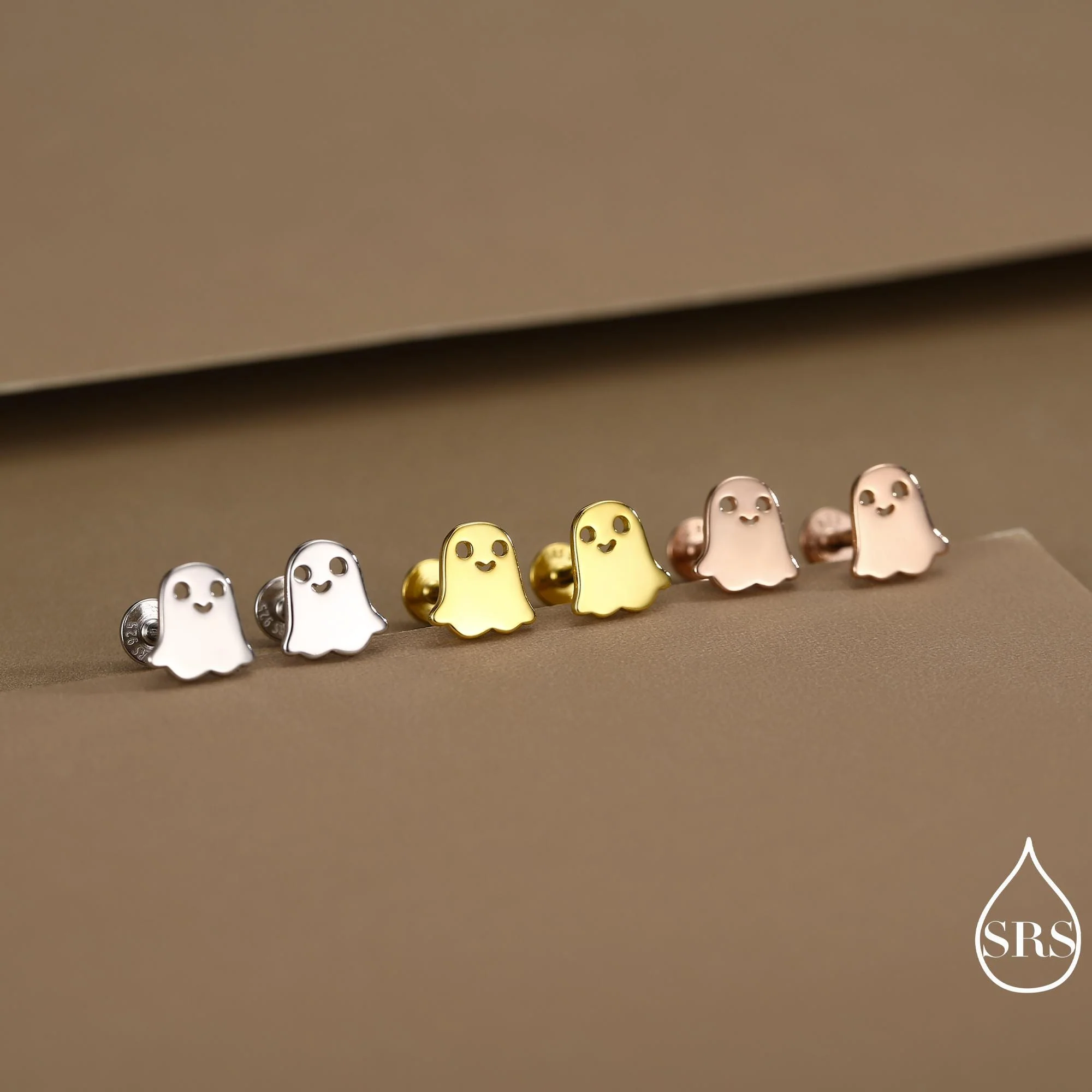 Tiny Little Cute Ghost 16G Internally Threaded Flat Back Earrings in Sterling Silver - Image 7