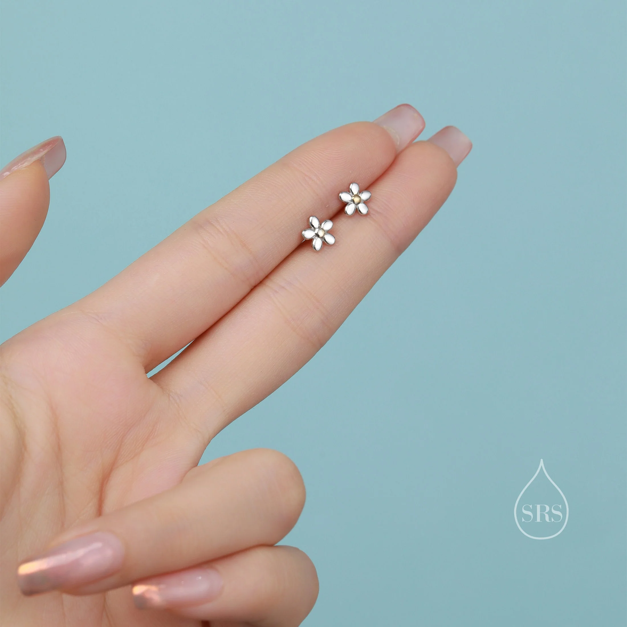 Tiny Little Forget-me-not Flower Screw Back Earrings in Sterling Silver, Cute Flower Barbell Earrings, Tiny Flower Screw Back Earrings - Image 4