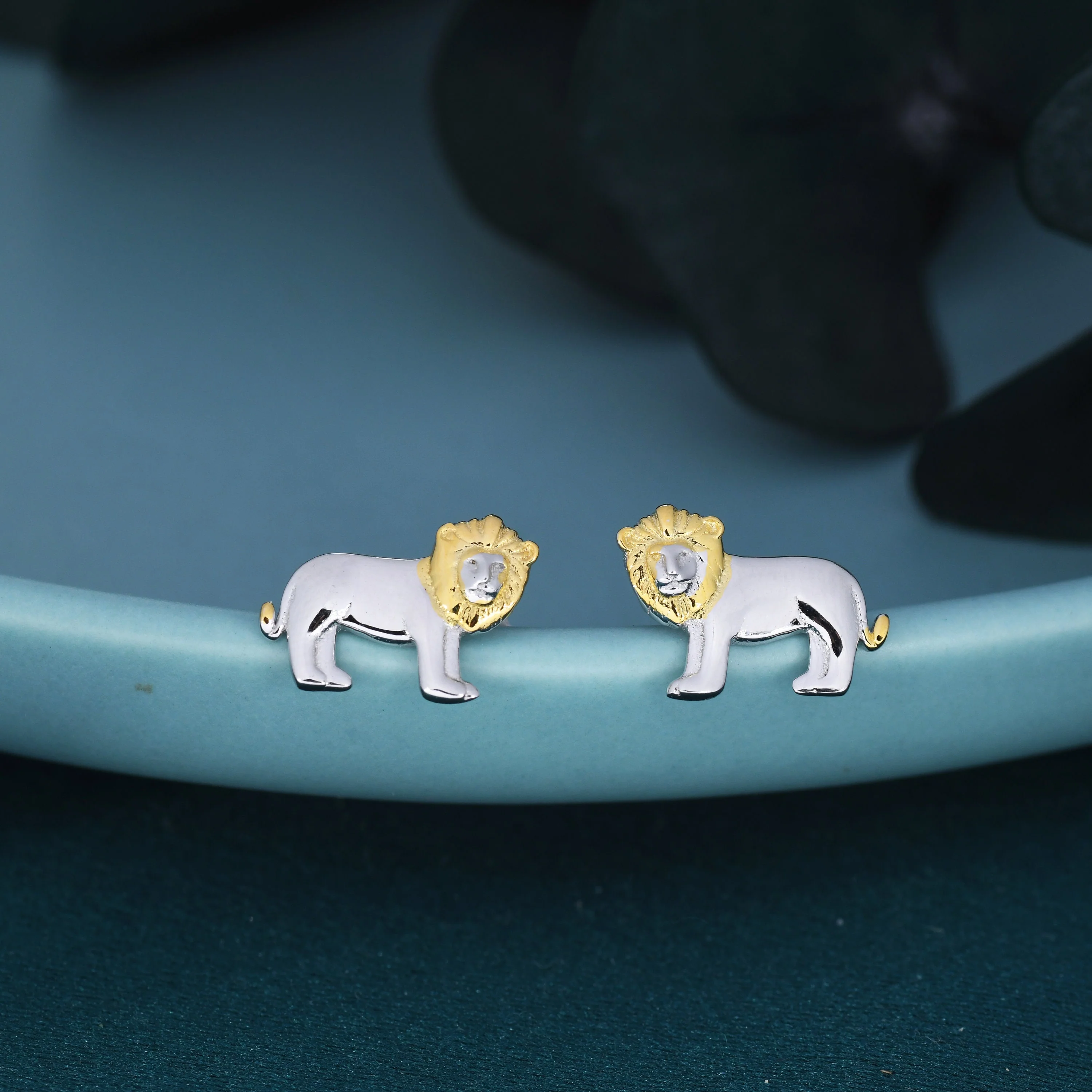 Tiny Little Lion Stud Earrings in Sterling Silver - Two Tone Gold and Silver Earrings - Cute Animal Earrings -  Fun, Whimsical - Image 5