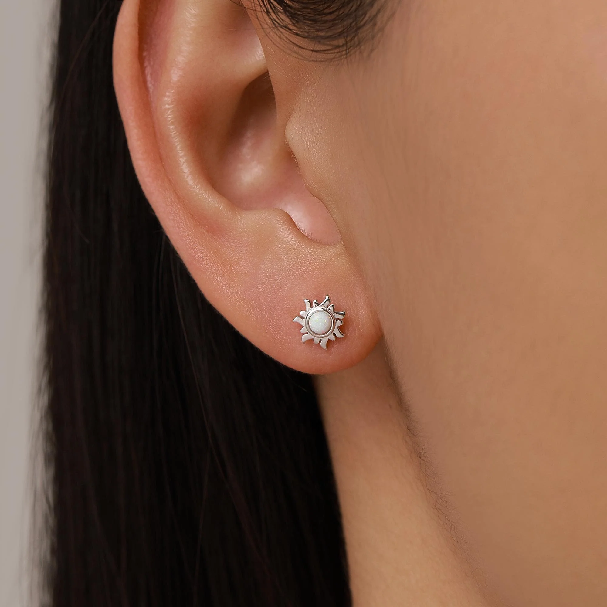 Tiny Little Opal Sun Stud Earrings in Sterling Silver, Silver or Gold, Sun Burst Earrings with Lab Opal, Opal Sunburst Earrings - Image 5