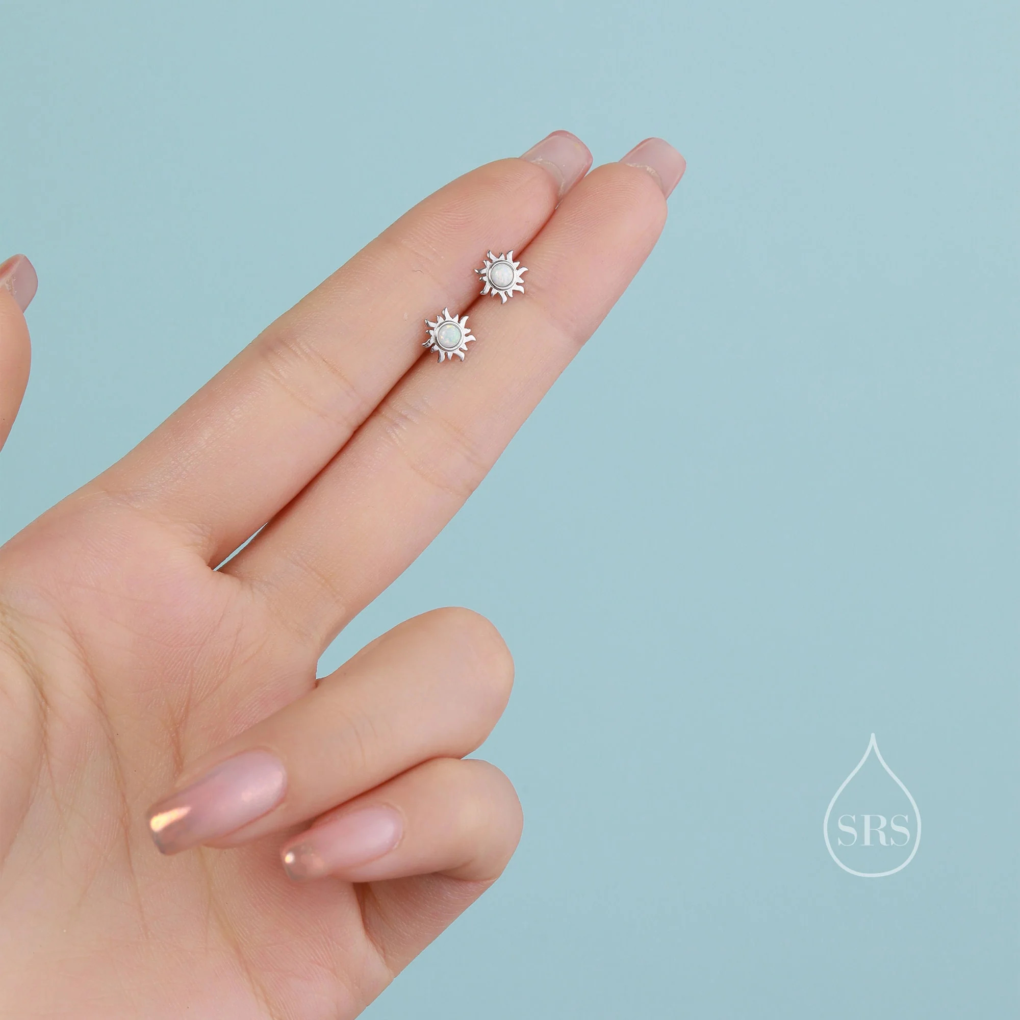 Tiny Little Opal Sun Stud Earrings in Sterling Silver, Silver or Gold, Sun Burst Earrings with Lab Opal, Opal Sunburst Earrings - Image 6