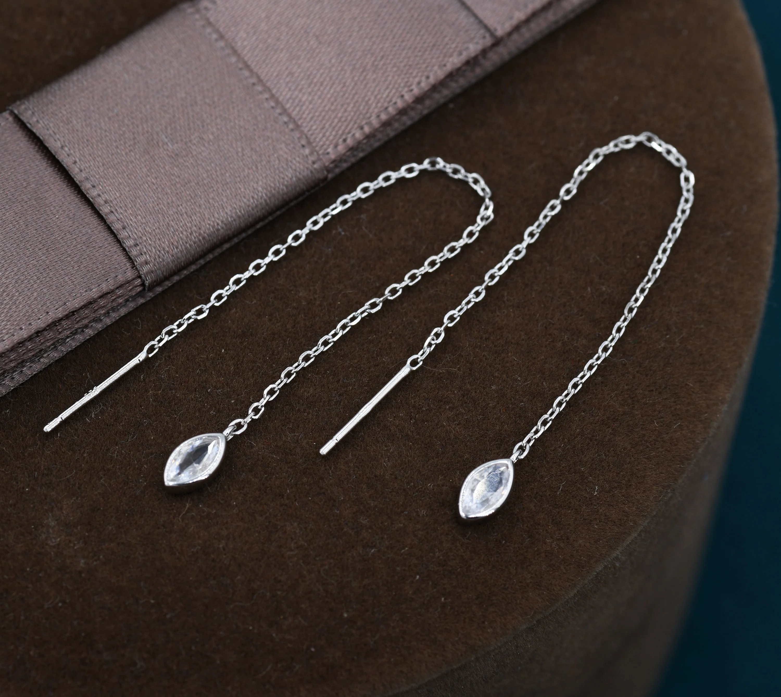 Tiny Marquise CZ Threader Earrings in Sterling Silver, Silver or Gold, Marquise Cut CZ Ear Threaders, Sparkly Threaders - Image 5