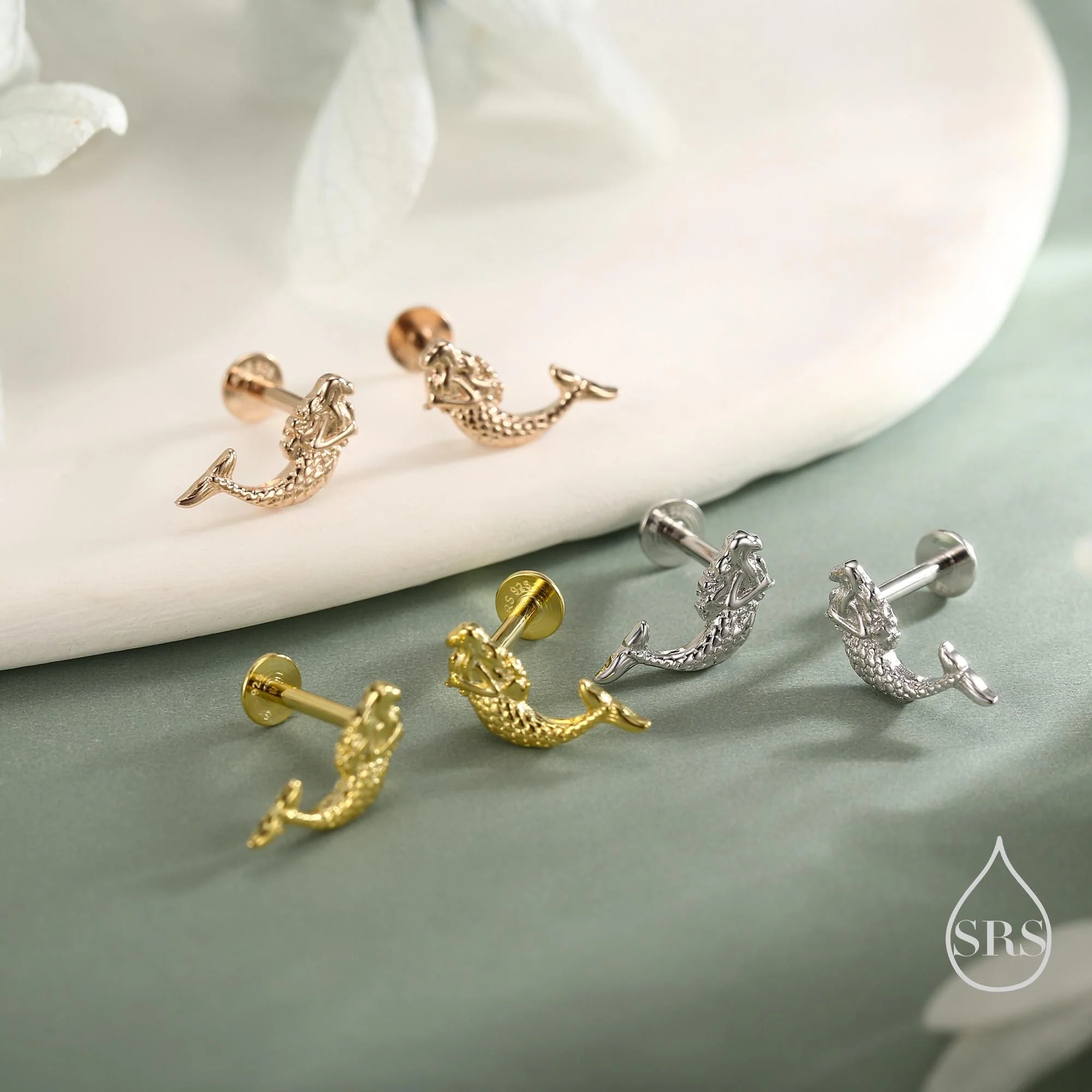 Tiny Mermaid Internally Threaded Flat Back / Screw Back / Stud Earrings in Sterling Silver, Silver, Gold or Rose Gold, Mermaid Fish Earrings - Image 8