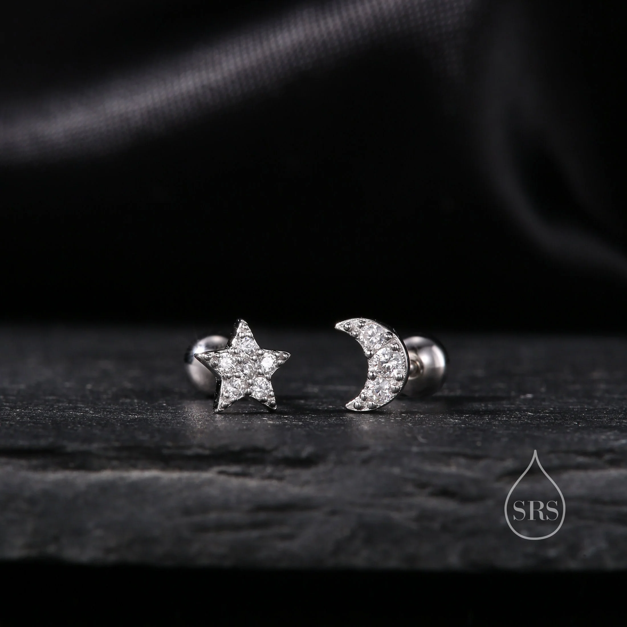 Tiny Mismatched Moon and Star Internally Threaded Flat Back/Screw back(Barbell)/ Stud Earrings in Sterling Silver, Piercing Jewellery - Image 3