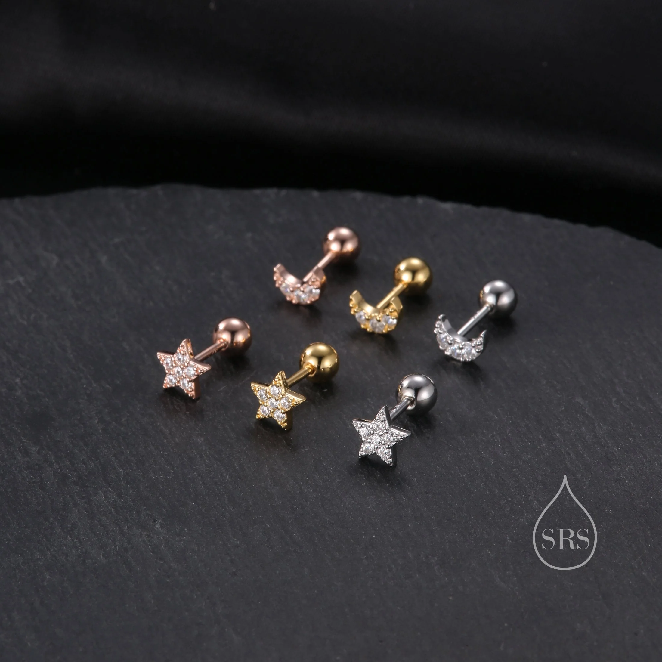 Tiny Mismatched Moon and Star Internally Threaded Flat Back/Screw back(Barbell)/ Stud Earrings in Sterling Silver, Piercing Jewellery - Image 4