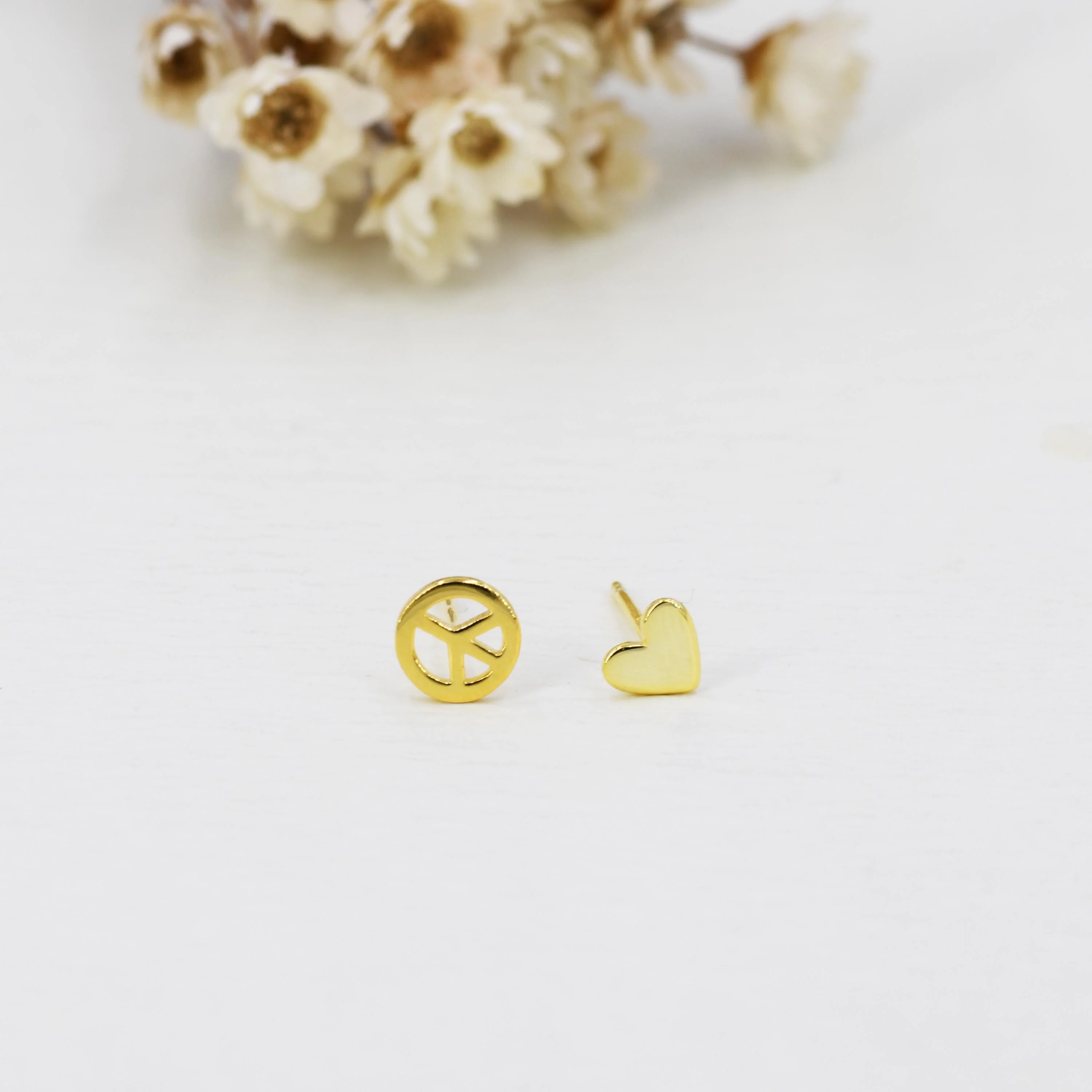 Tiny Mismatched Peace and Love Stud Earrings in Sterling Silver, Silver, Gold or Rose Gold, Small Asymmetric Heart and Peace Earrings - Image 5