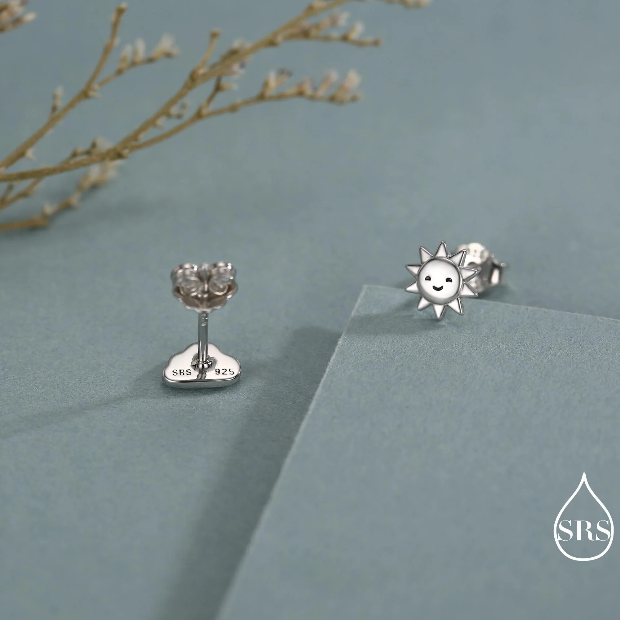 Tiny Mismatched Sun and Cloud Stud Earrings in Sterling Silver, Silver Gold or Rose Gold Finish, Sun Earrings, Celestial Earrings - Image 2