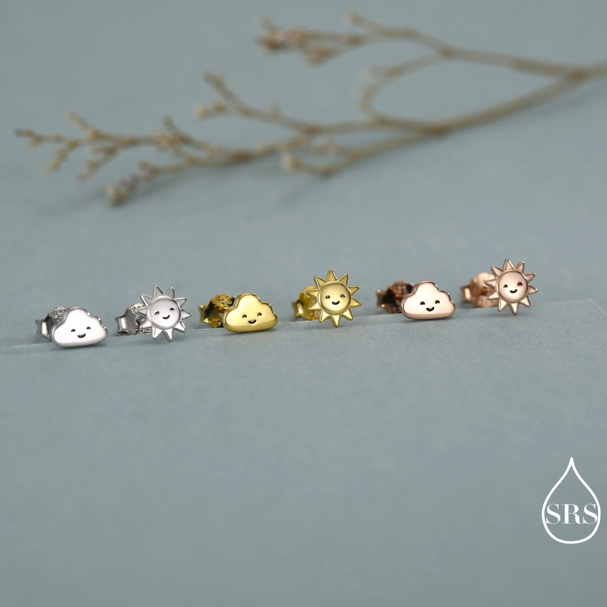 Tiny Mismatched Sun and Cloud Stud Earrings in Sterling Silver, Silver Gold or Rose Gold Finish, Sun Earrings, Celestial Earrings - Image 6
