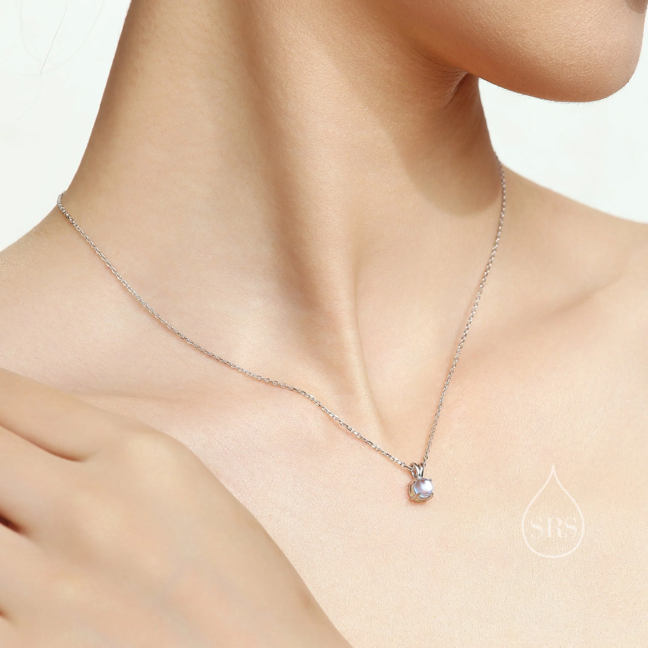 Tiny Moonstone Pendant Necklace in Sterling Silver, 5mm Aurora Crystal Necklace, Dainty Moonstone Necklace - Image 5