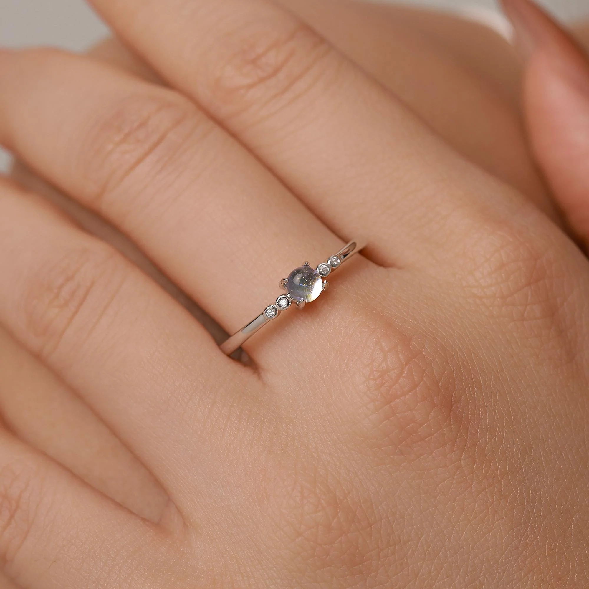 Tiny Moonstone Ring in Sterling Silver, Adjustable Size, 4mm Moonstone Ring, Prong Set, Lab Moonstone Ring, Delicate Stacking Ring, - Image 3