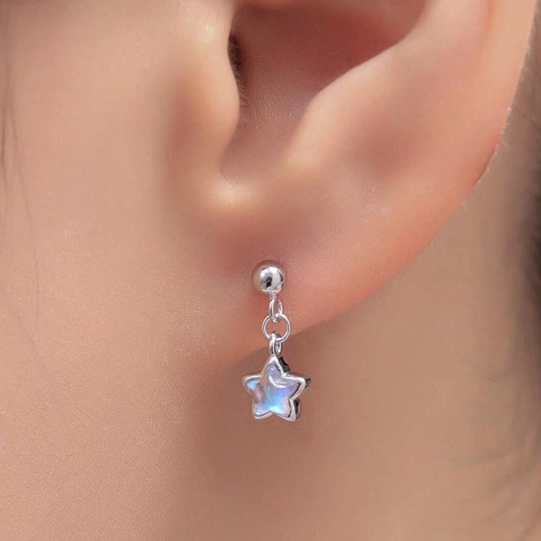 Tiny Moonstone Star Dangle Stud Earrings in Sterling Silver, Silver or Gold, Aurora Star Earrings, Sunburst Earrings, Celestial - Image 2