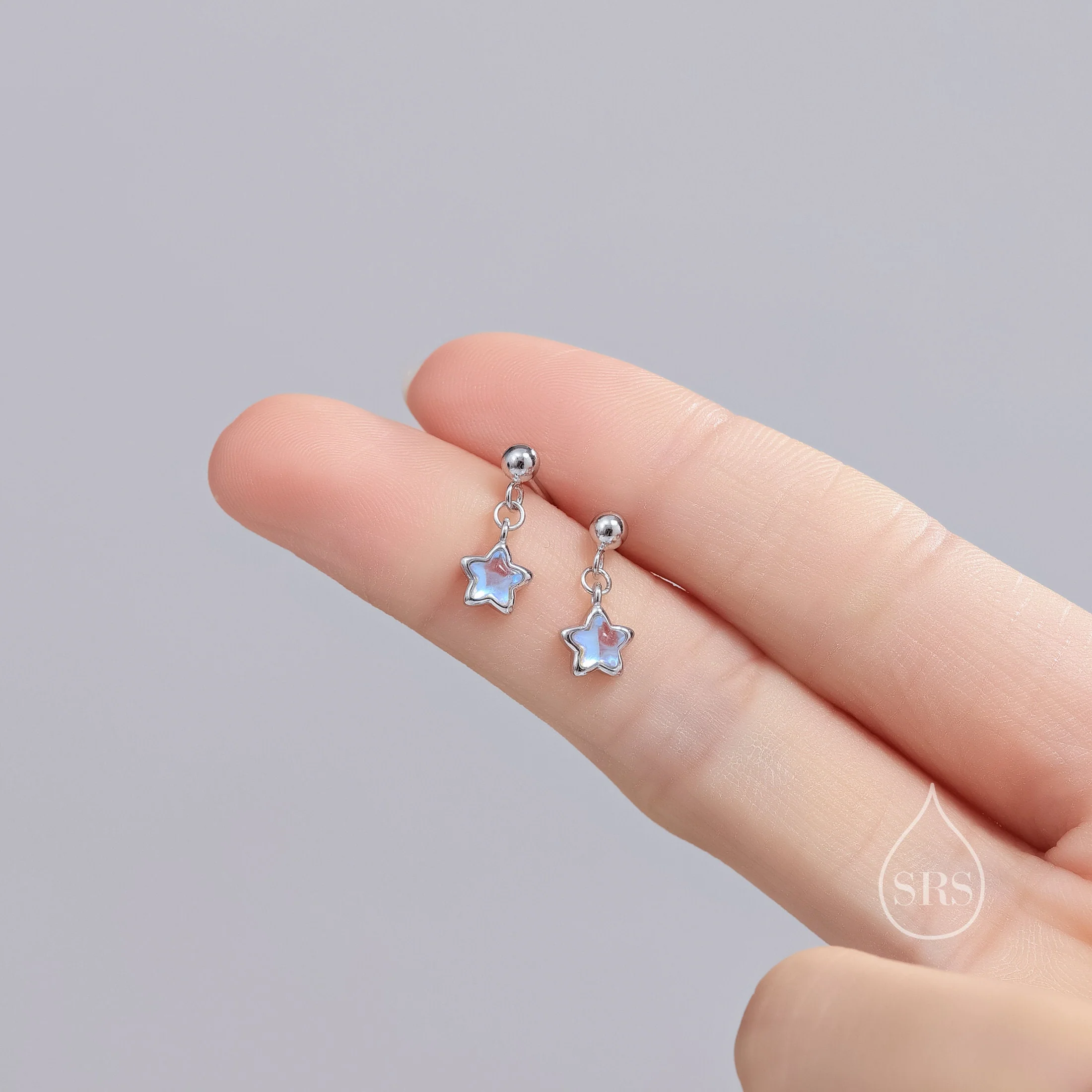 Tiny Moonstone Star Dangle Stud Earrings in Sterling Silver, Silver or Gold, Aurora Star Earrings, Sunburst Earrings, Celestial - Image 3