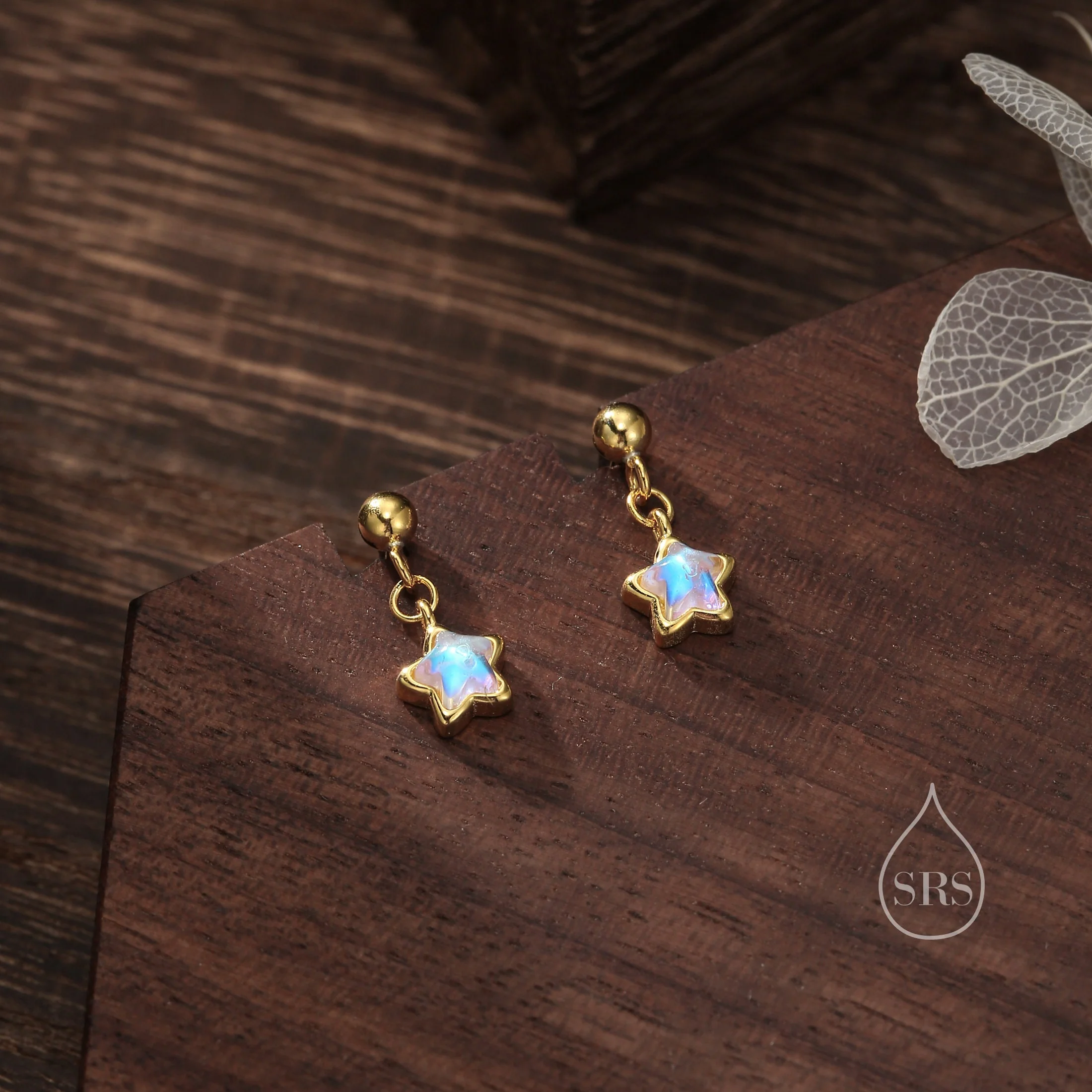 Tiny Moonstone Star Dangle Stud Earrings in Sterling Silver, Silver or Gold, Aurora Star Earrings, Sunburst Earrings, Celestial - Image 4