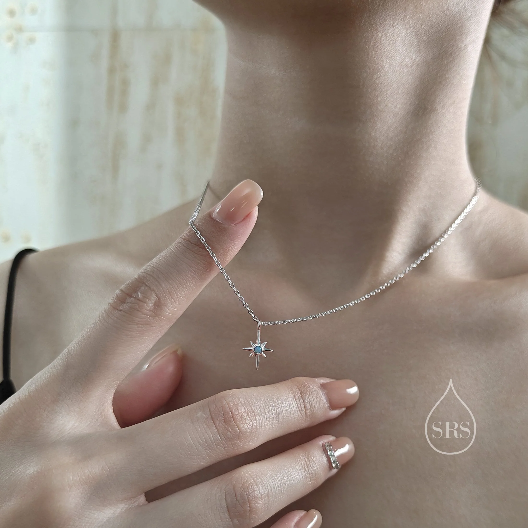 Tiny North Star Pendant Necklace in Sterling Silver with Blue Opal, Silver or Gold or Rose Gold, Starburst Necklace, Tiny Opal Star Necklace - Image 2
