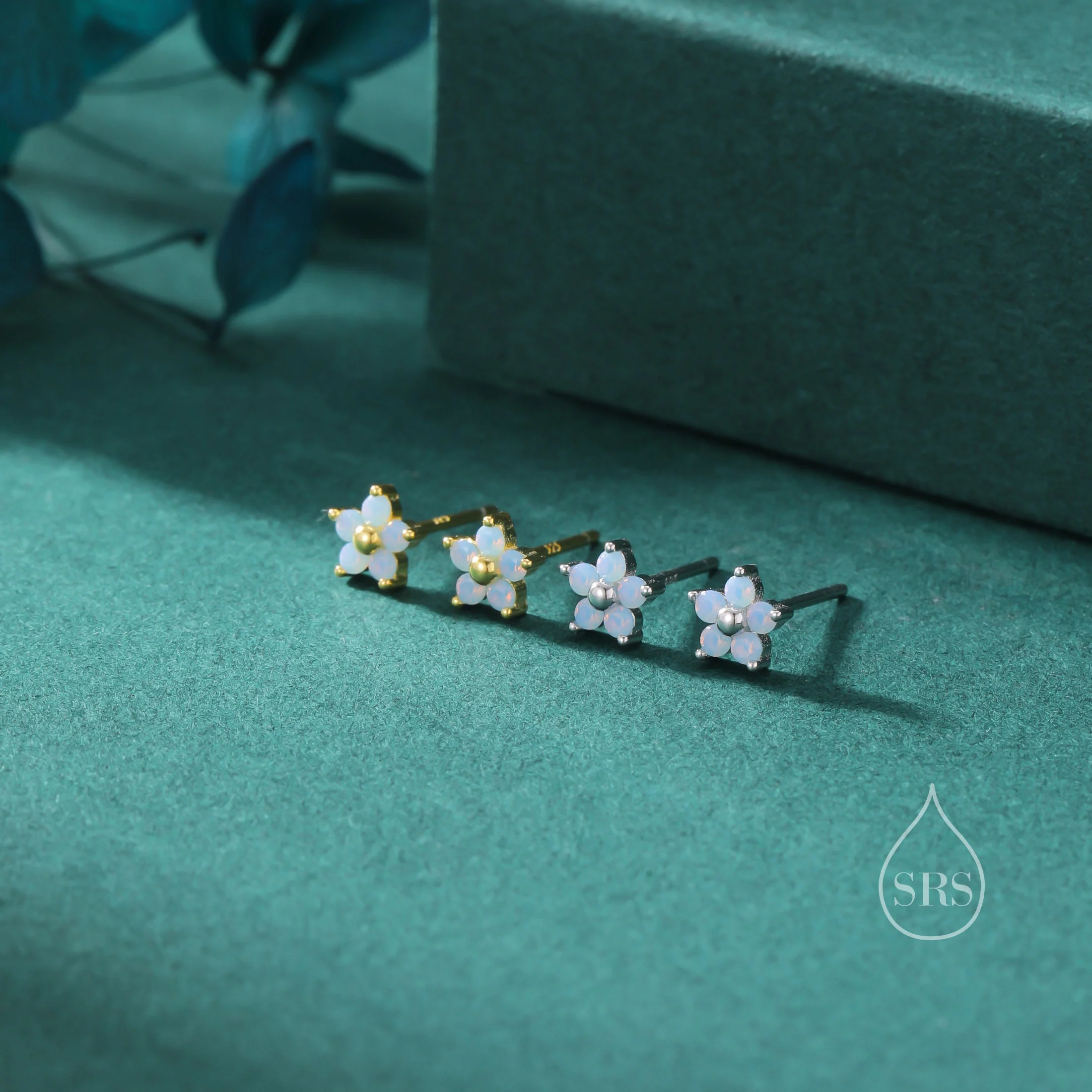 Tiny Opal Blue CZ Flower Stud Earrings in Sterling Silver, Silver or Gold, Blue CZ Flower Stud Earrings, Forget me not Flower Earrings - Image 7