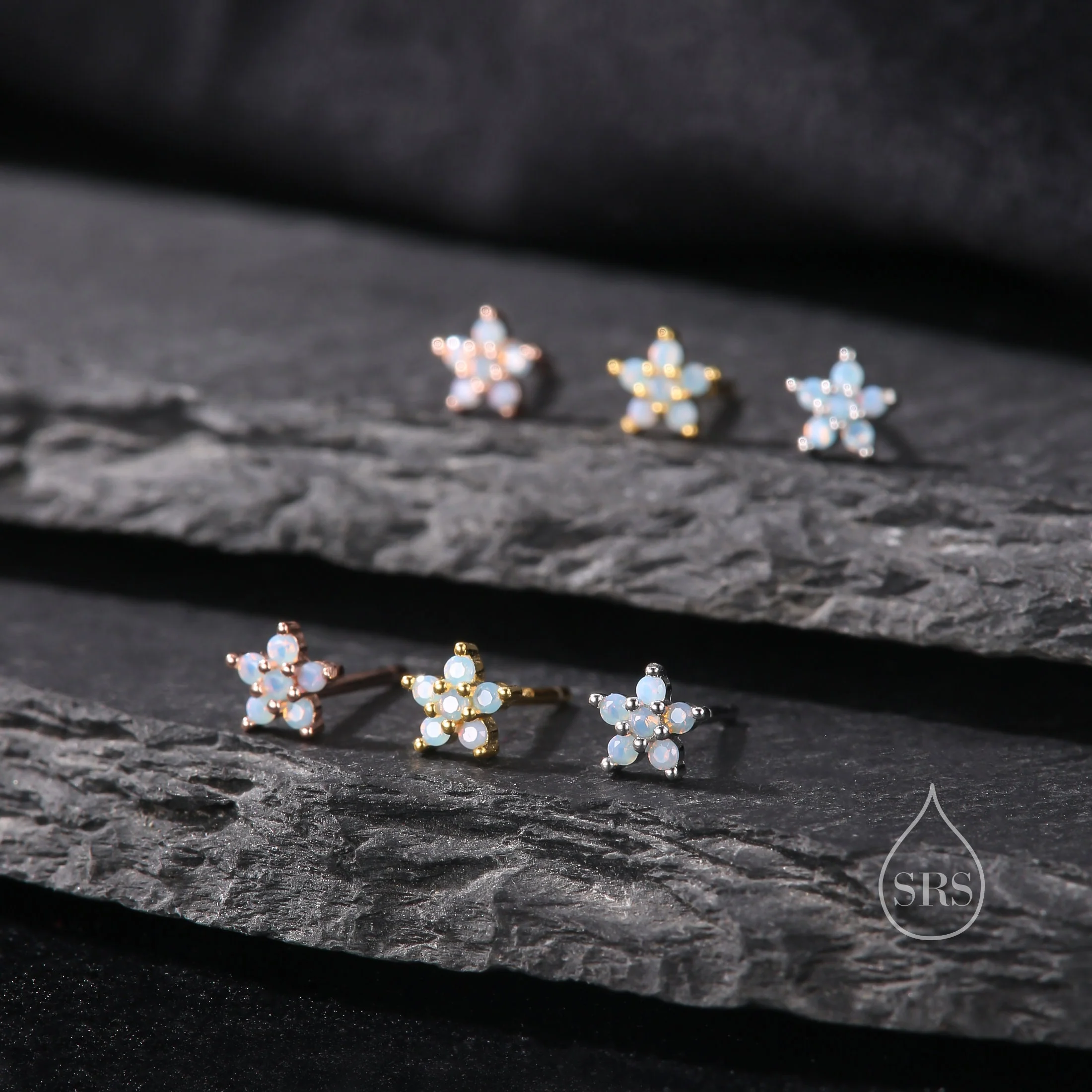 Tiny Opal Blue Forget-me-not CZ Stud Earrings in Sterling Silver, Silver or Gold or Rose Gold, CZ Flower Stud Earrings