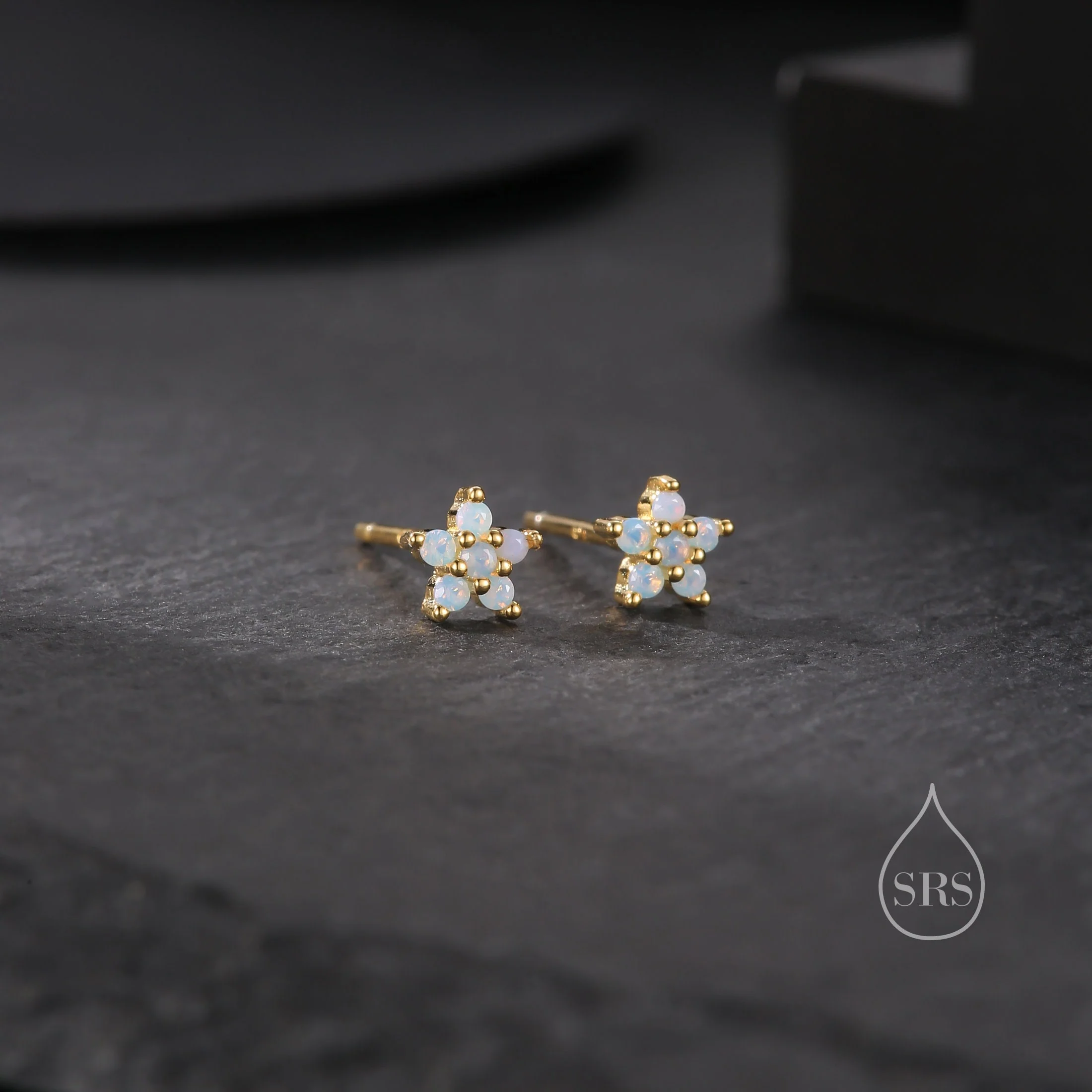 Tiny Opal Blue Forget-me-not CZ Stud Earrings in Sterling Silver, Silver or Gold or Rose Gold, CZ Flower Stud Earrings - Image 3