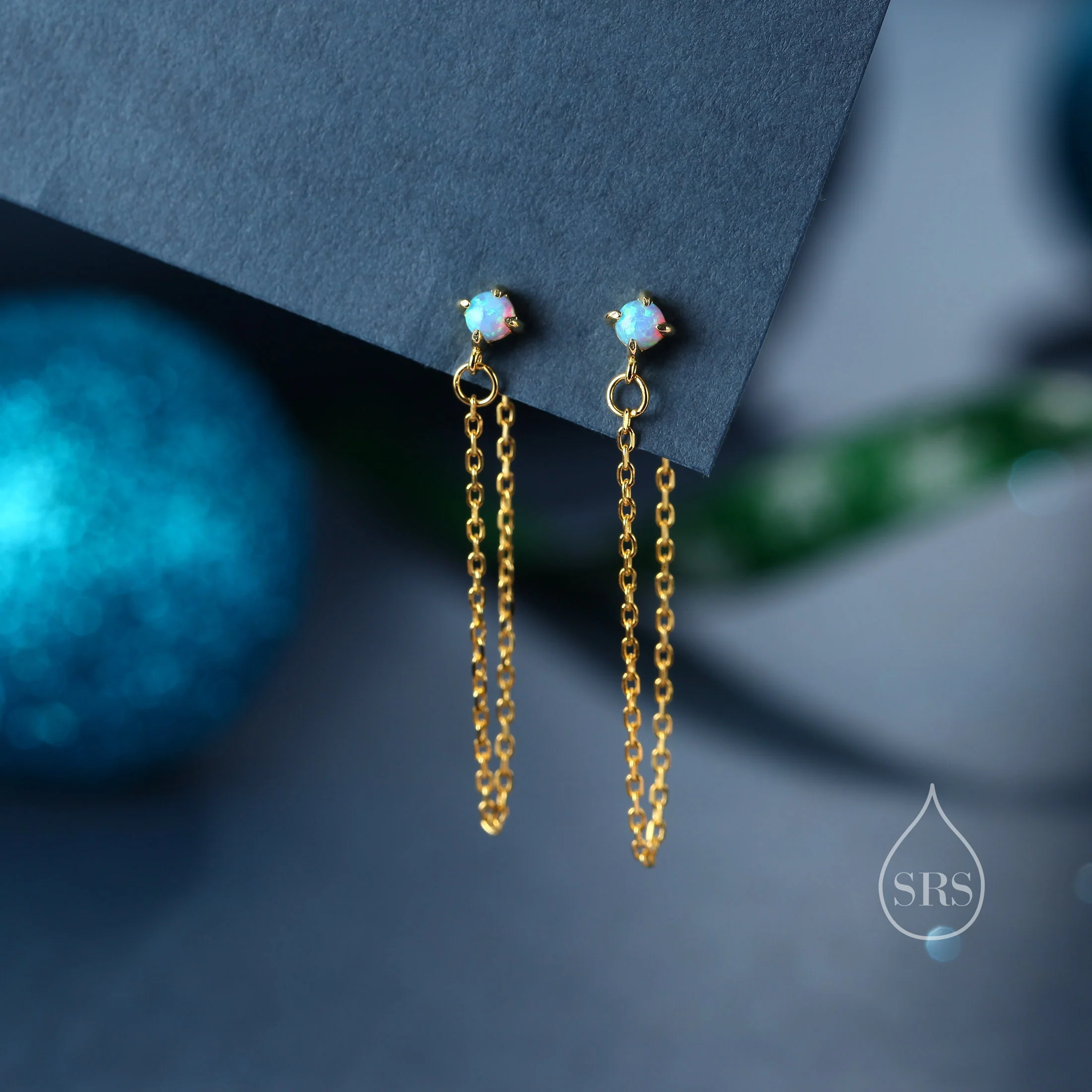Tiny Opal Chain Ear Jacket Earrings in Sterling Silver, Silver or Gold, Blue Opal or White Opal, Front and Back Earrings, Chain Earrings - Image 3
