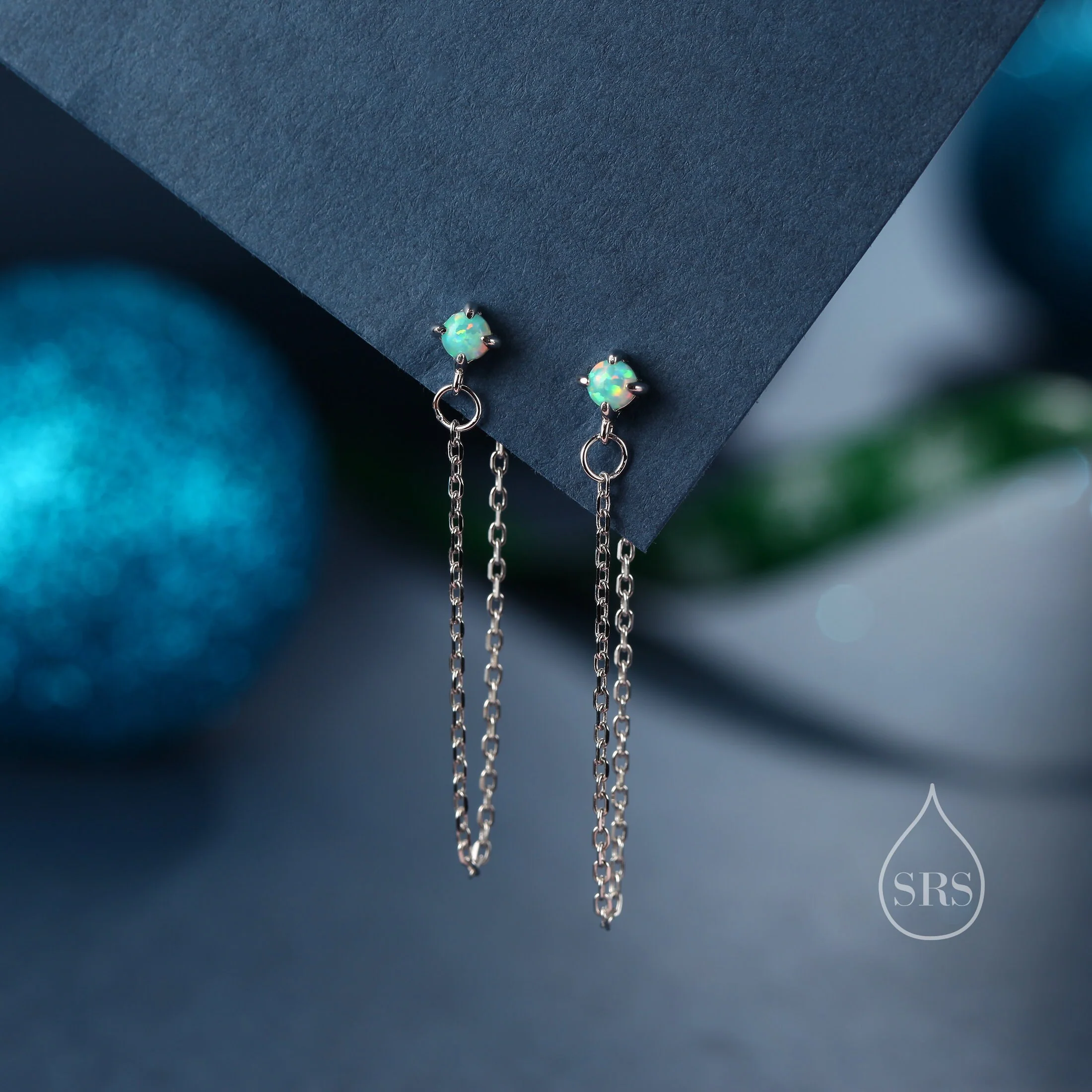 Tiny Opal Chain Ear Jacket Earrings in Sterling Silver, Silver or Gold, Blue Opal or White Opal, Front and Back Earrings, Chain Earrings - Image 4