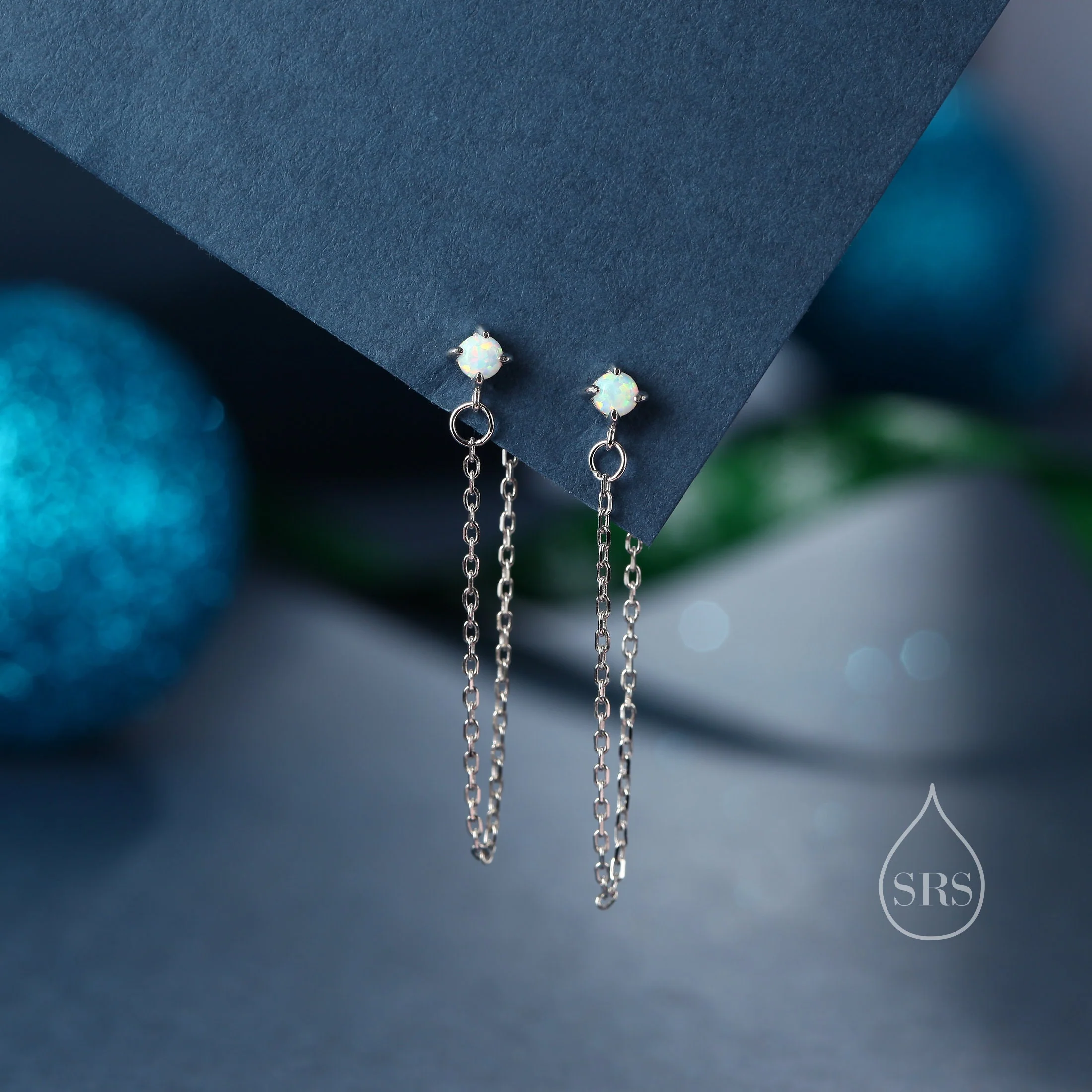 Tiny Opal Chain Ear Jacket Earrings in Sterling Silver, Silver or Gold, Blue Opal or White Opal, Front and Back Earrings, Chain Earrings - Image 5
