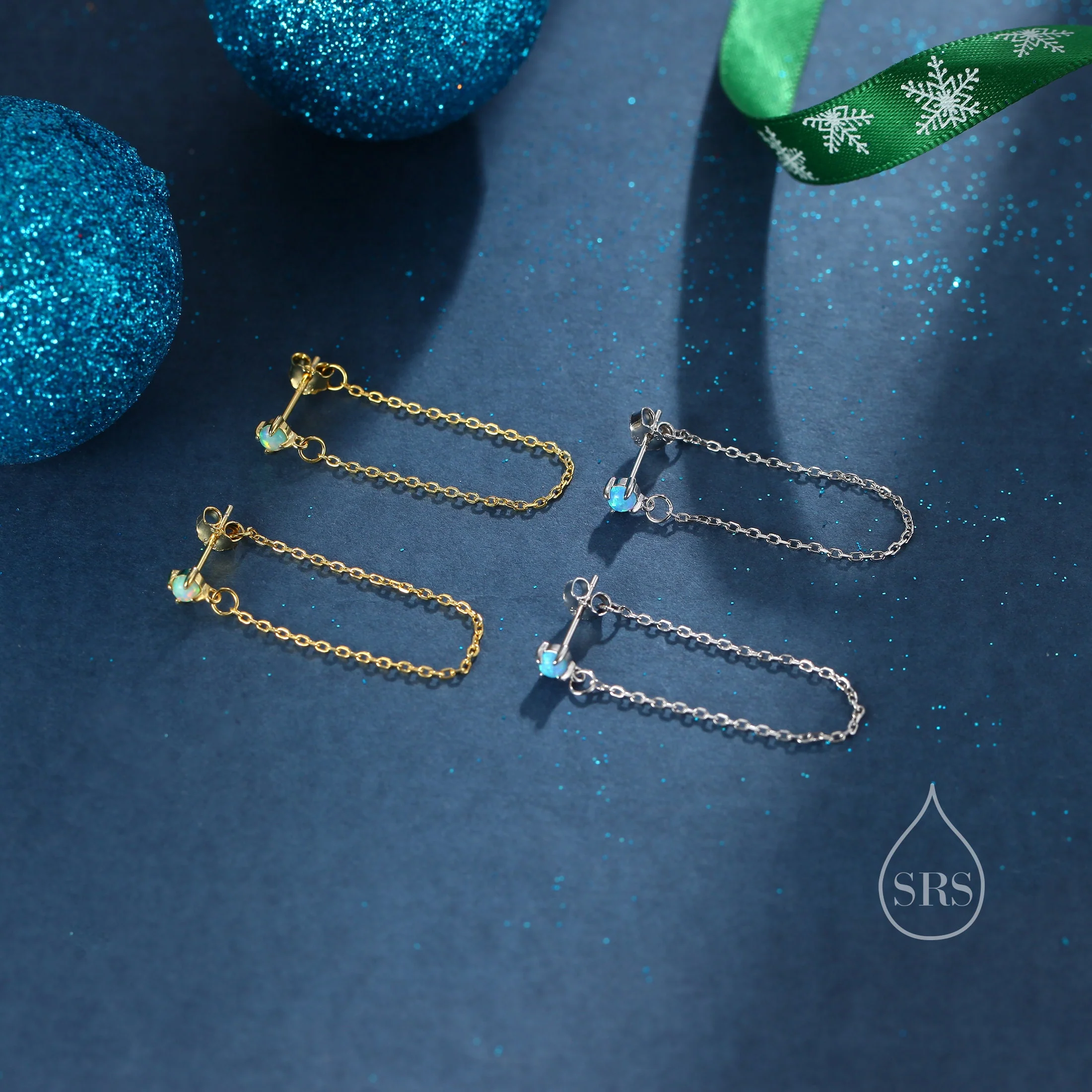 Tiny Opal Chain Ear Jacket Earrings in Sterling Silver, Silver or Gold, Blue Opal or White Opal, Front and Back Earrings, Chain Earrings - Image 6