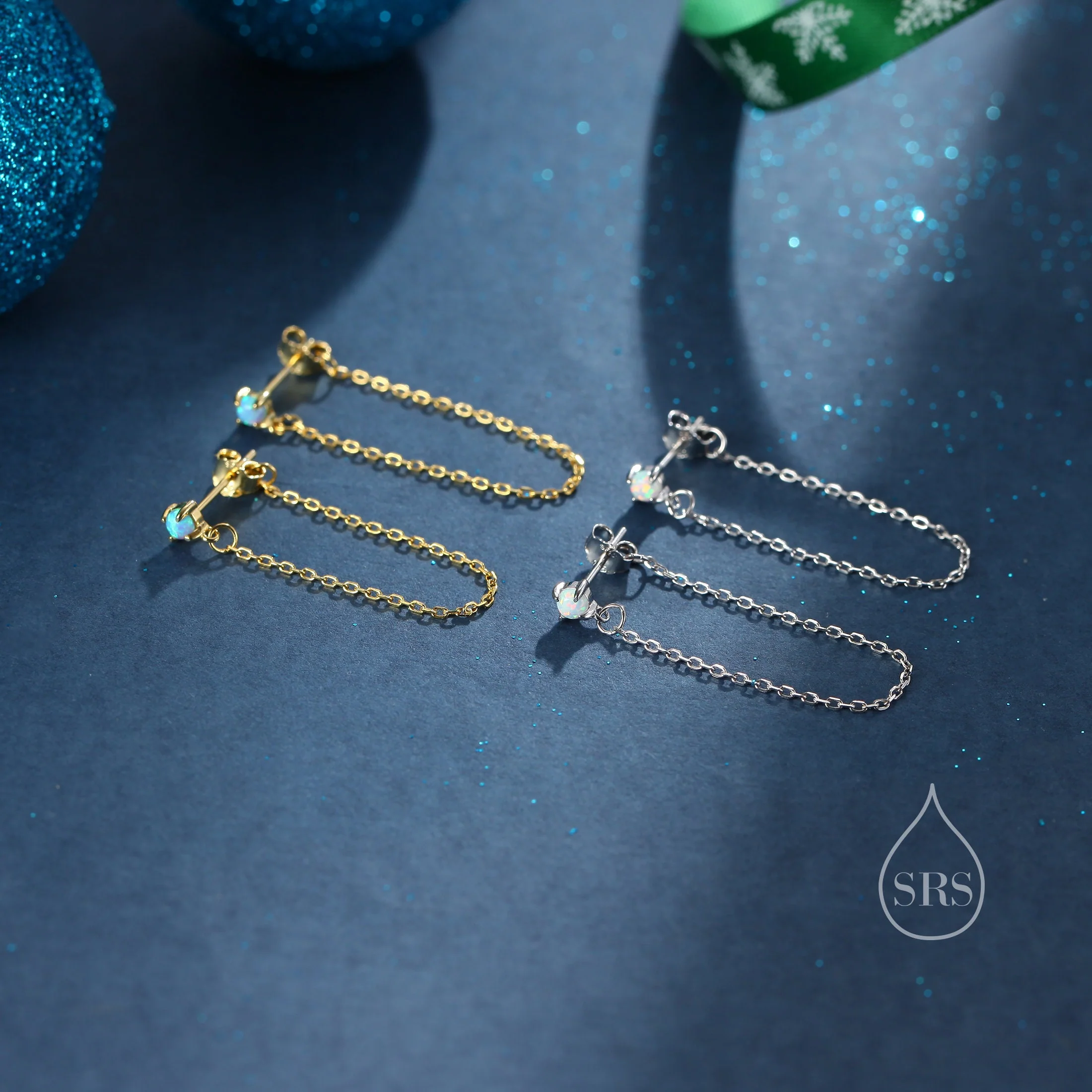 Tiny Opal Chain Ear Jacket Earrings in Sterling Silver, Silver or Gold, Blue Opal or White Opal, Front and Back Earrings, Chain Earrings - Image 7