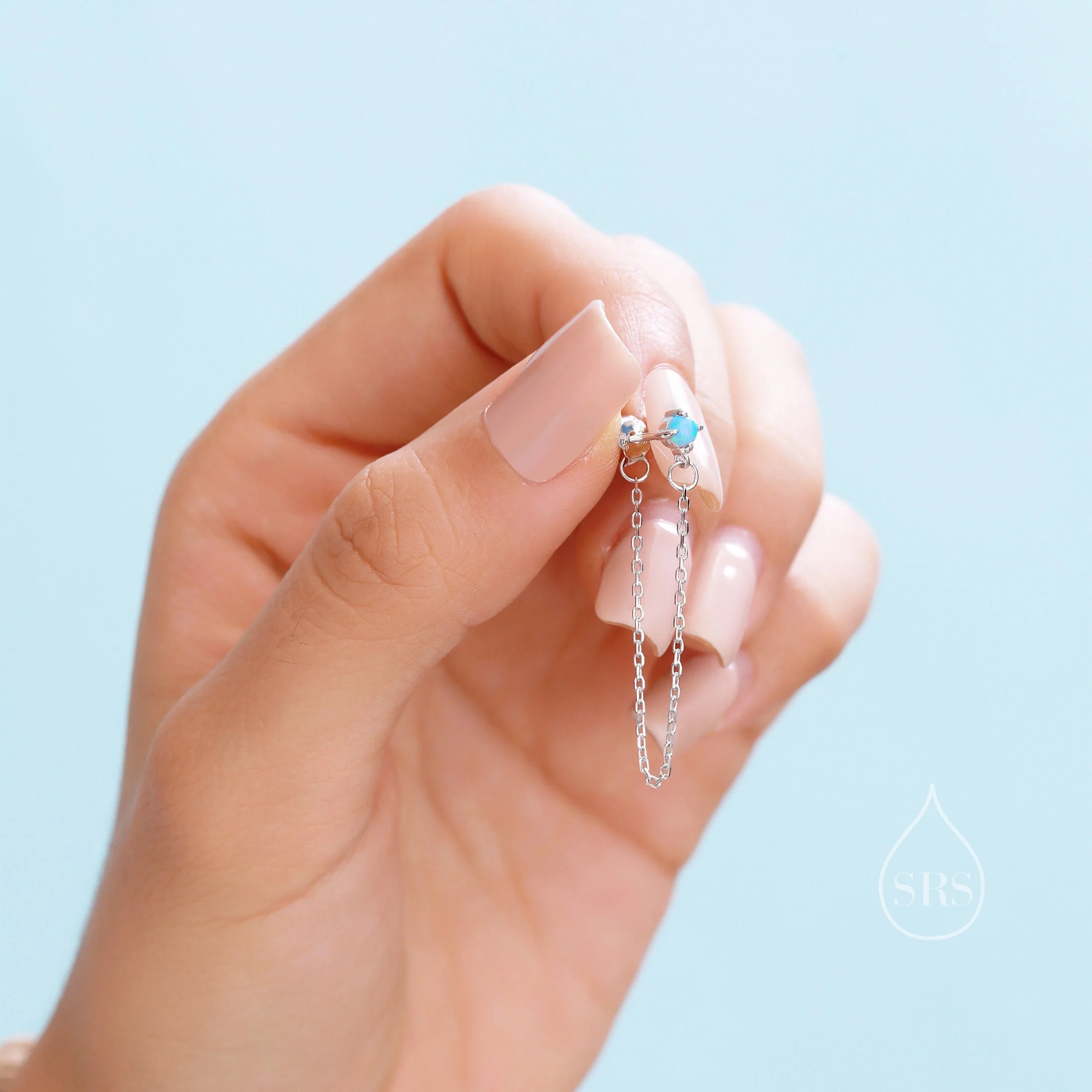 Tiny Opal Chain Ear Jacket Earrings in Sterling Silver, Silver or Gold, Blue Opal or White Opal, Front and Back Earrings, Chain Earrings - Image 8