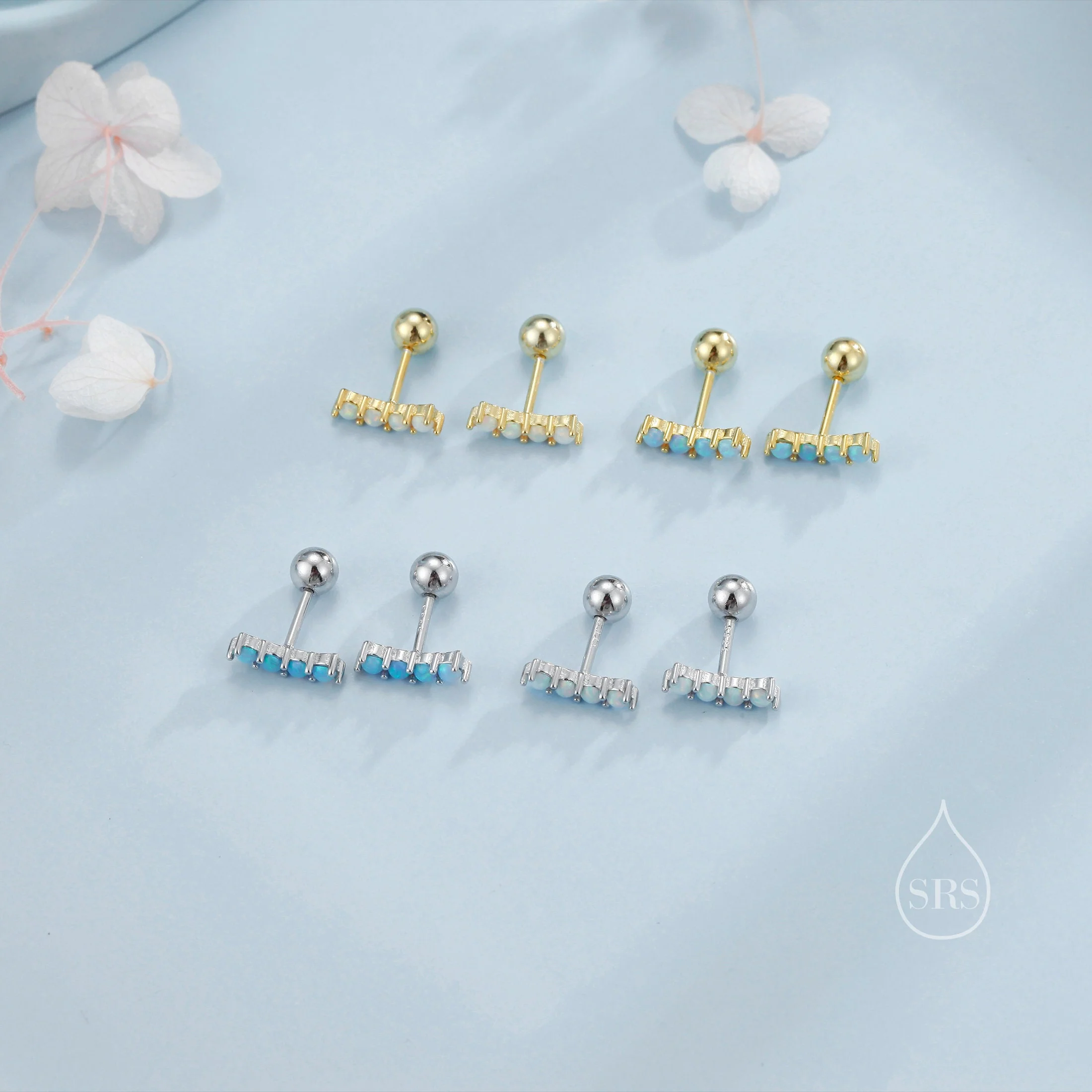 Tiny Opal Curved Bar Screw Back Earrings in Sterling Silver, Silver or Gold, White Opal or Blue Opal Screw Back Earrings, Fire Opal - Image 5