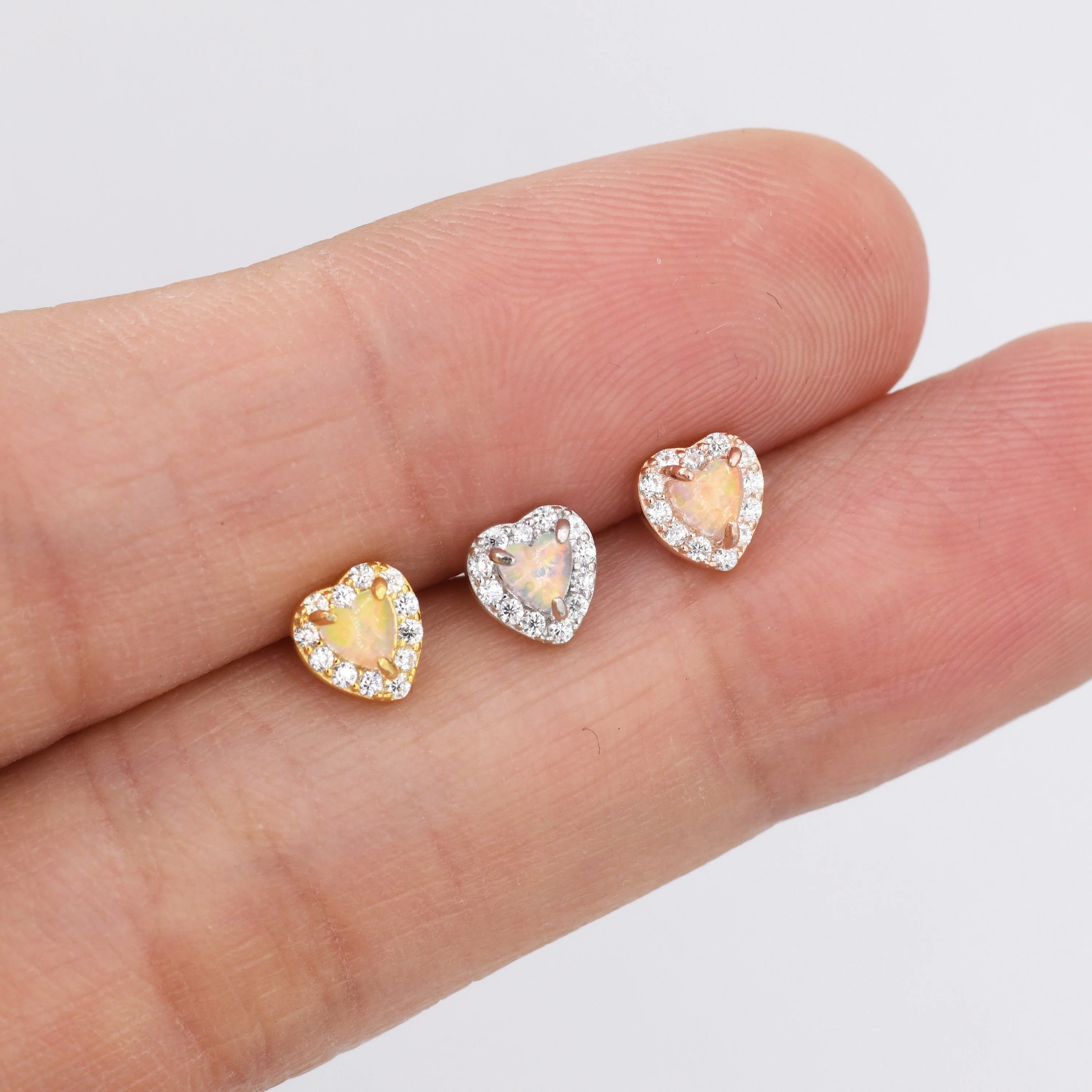 Tiny Opal Heart with CZ Stud Earrings in Sterling Silver, Silver, Gold or Rose Gold, Vintage Inspired Design - Image 4