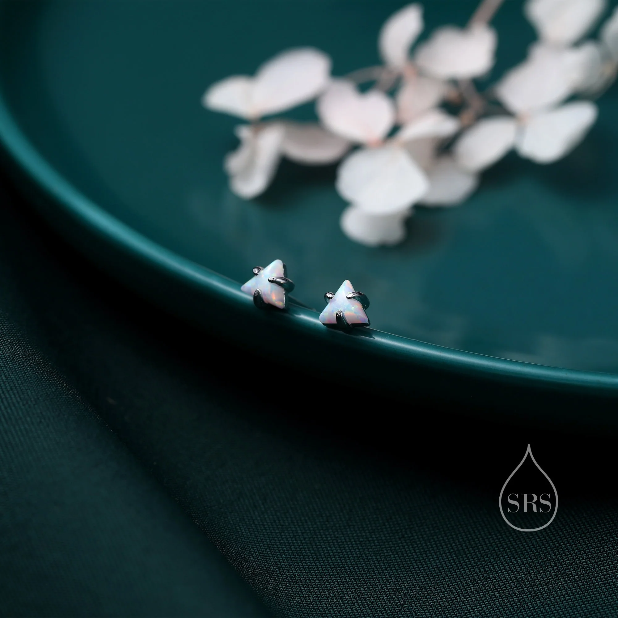 Tiny Opal Triangle Stud Earrings in Sterling Silver, Triangle Opal Earrings with Prong Set - Image 2