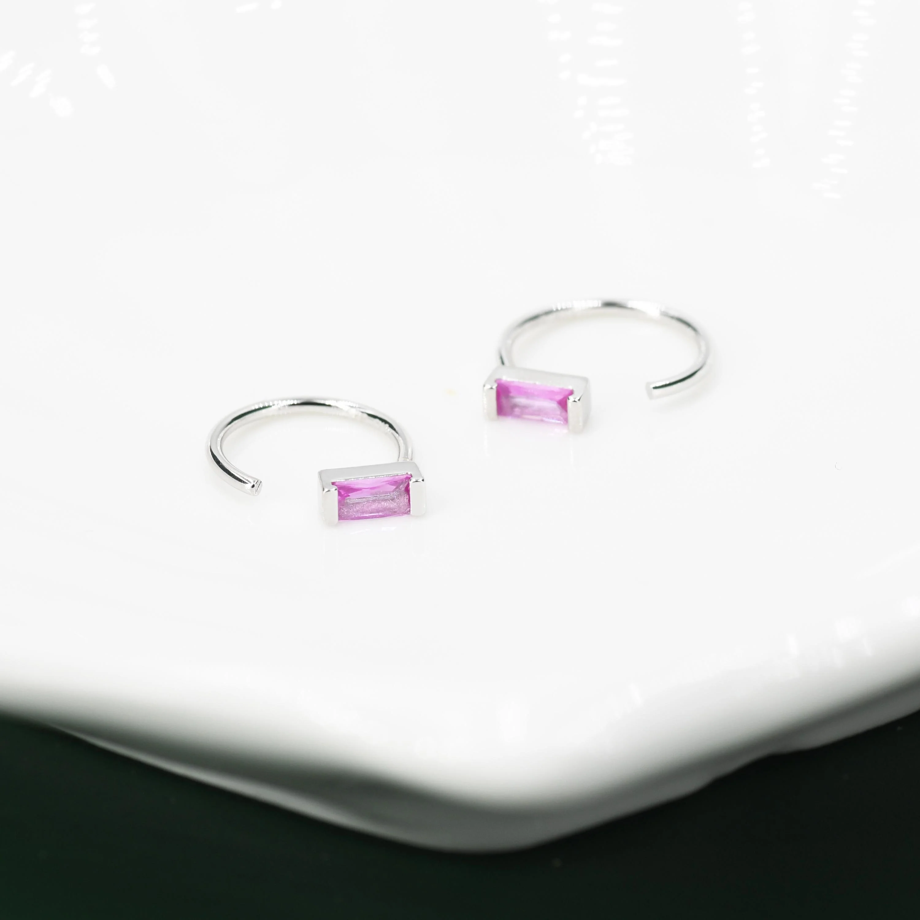 Tiny Pink Baguette Cut CZ Huggie Hoop Earrings in Sterling Silver, Silver or Gold, Open Hoops,  Pull-Through Threader Earrings, Ruby Red - Image 3