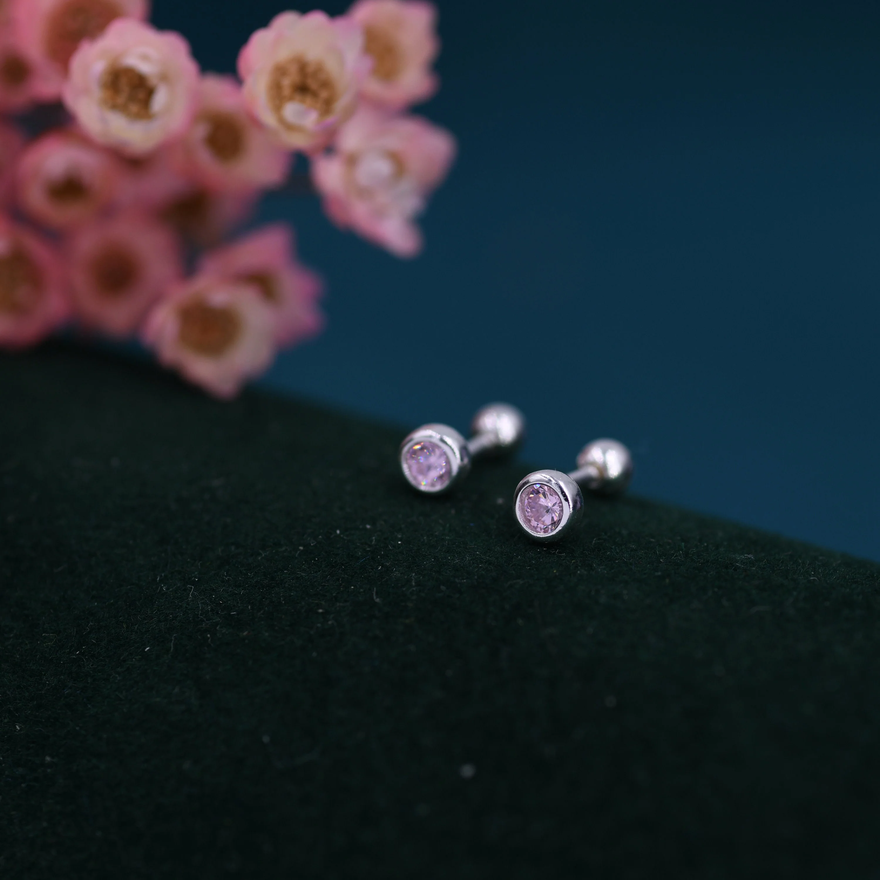 Tiny Pink CZ Barbell Earrings in Sterling Silver, 3mm or 4mm CZ Screw Back Dot Earrings, Screwback Earrings, October Birthstone - Image 2