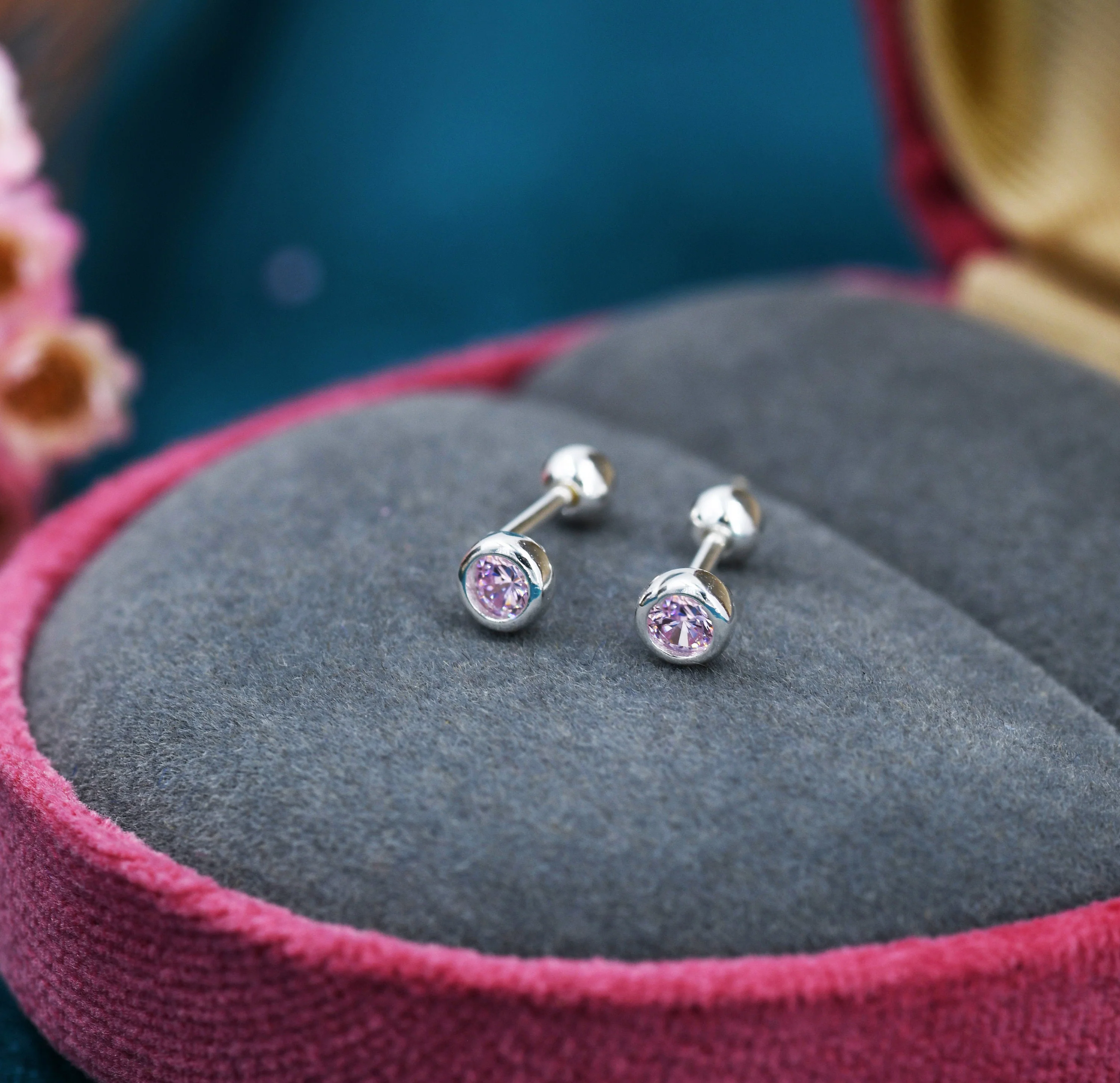 Tiny Pink CZ Barbell Earrings in Sterling Silver, 3mm or 4mm CZ Screw Back Dot Earrings, Screwback Earrings, October Birthstone - Image 3