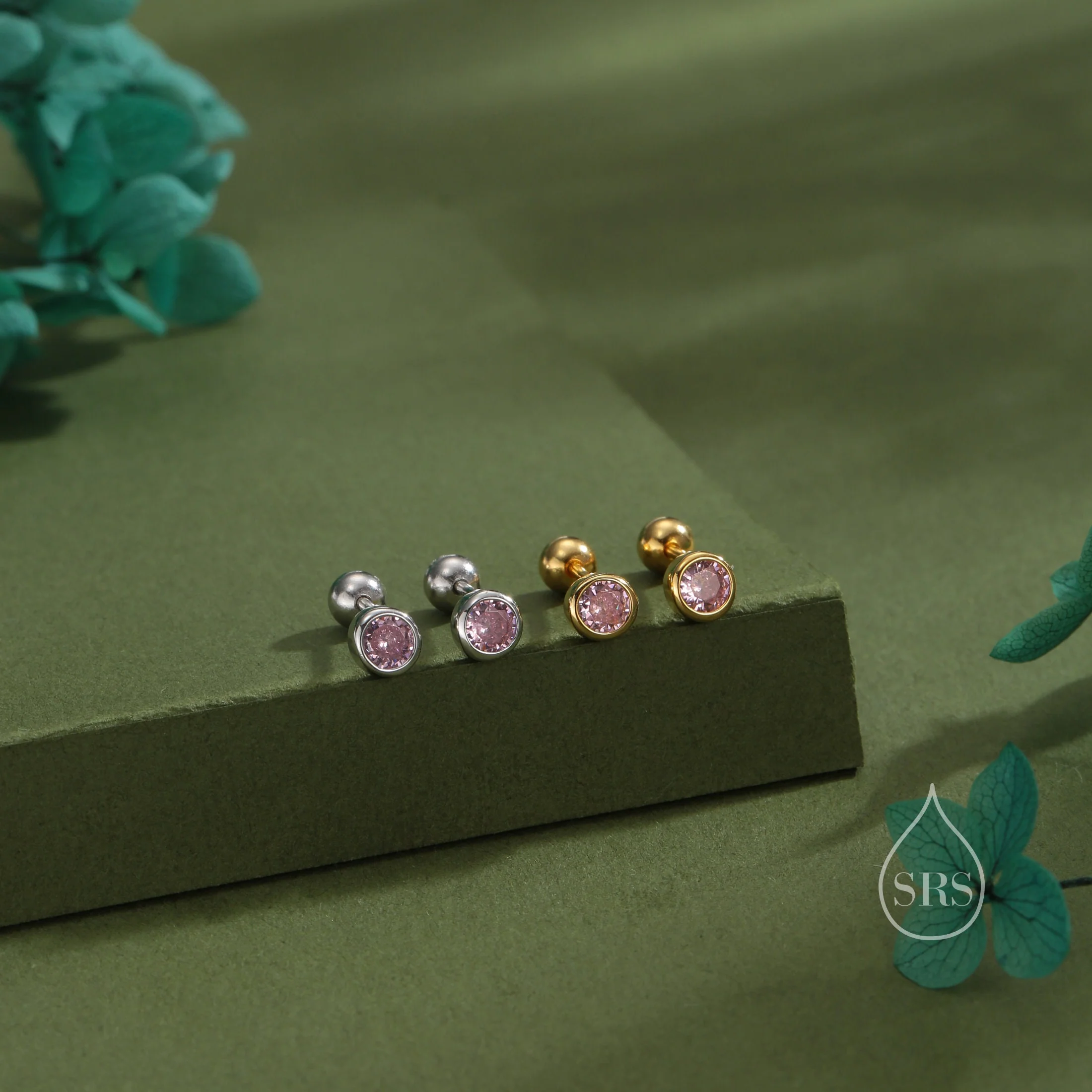 Tiny Pink CZ Barbell Earrings in Sterling Silver, 3mm or 4mm CZ Screw Back Dot Earrings, Screwback Earrings, October Birthstone - Image 6