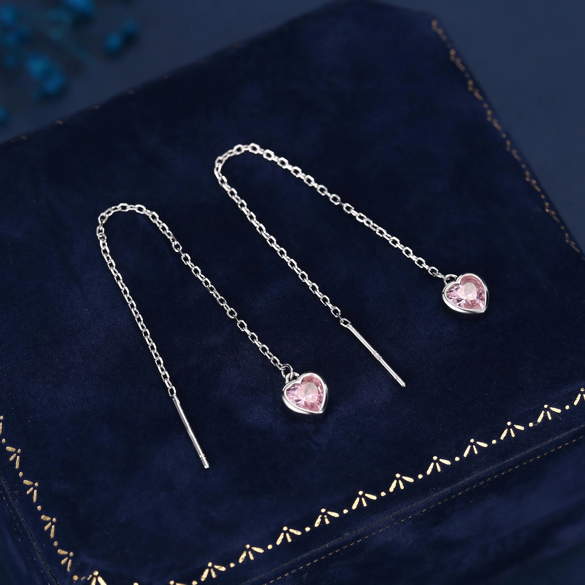 Tiny Pink CZ Heart Threader Earrings in Sterling Silver, 9cm, Silver or Gold, Dainty Heart Ear Threaders, Delicate Heart Threaders - Image 4