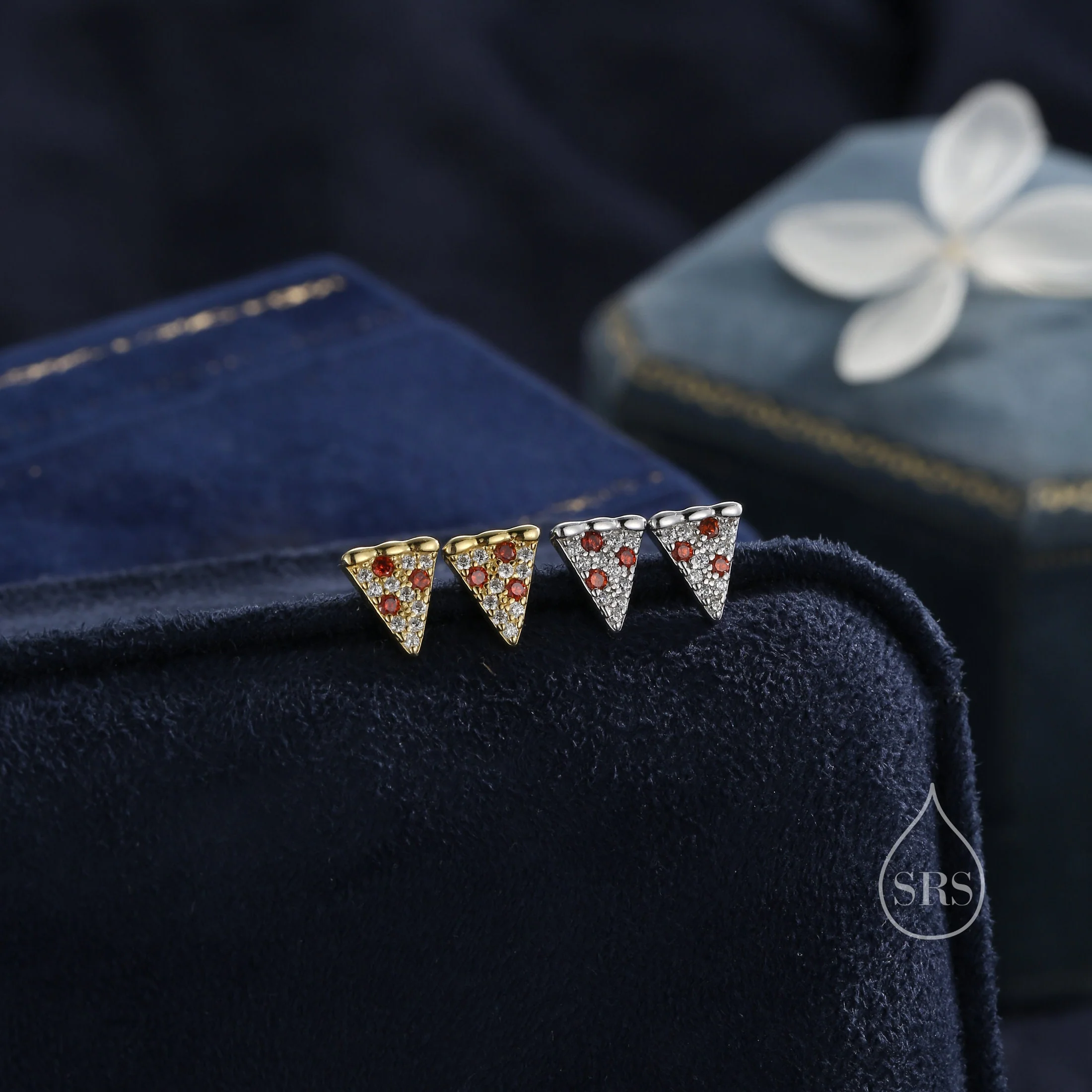 Tiny Pizza Slice CZ Stud Earrings in Sterling Silver, Silver Gold, Pizza Stud Earrings, Pizza Earrings, Silver Pizza Earrings - Image 3