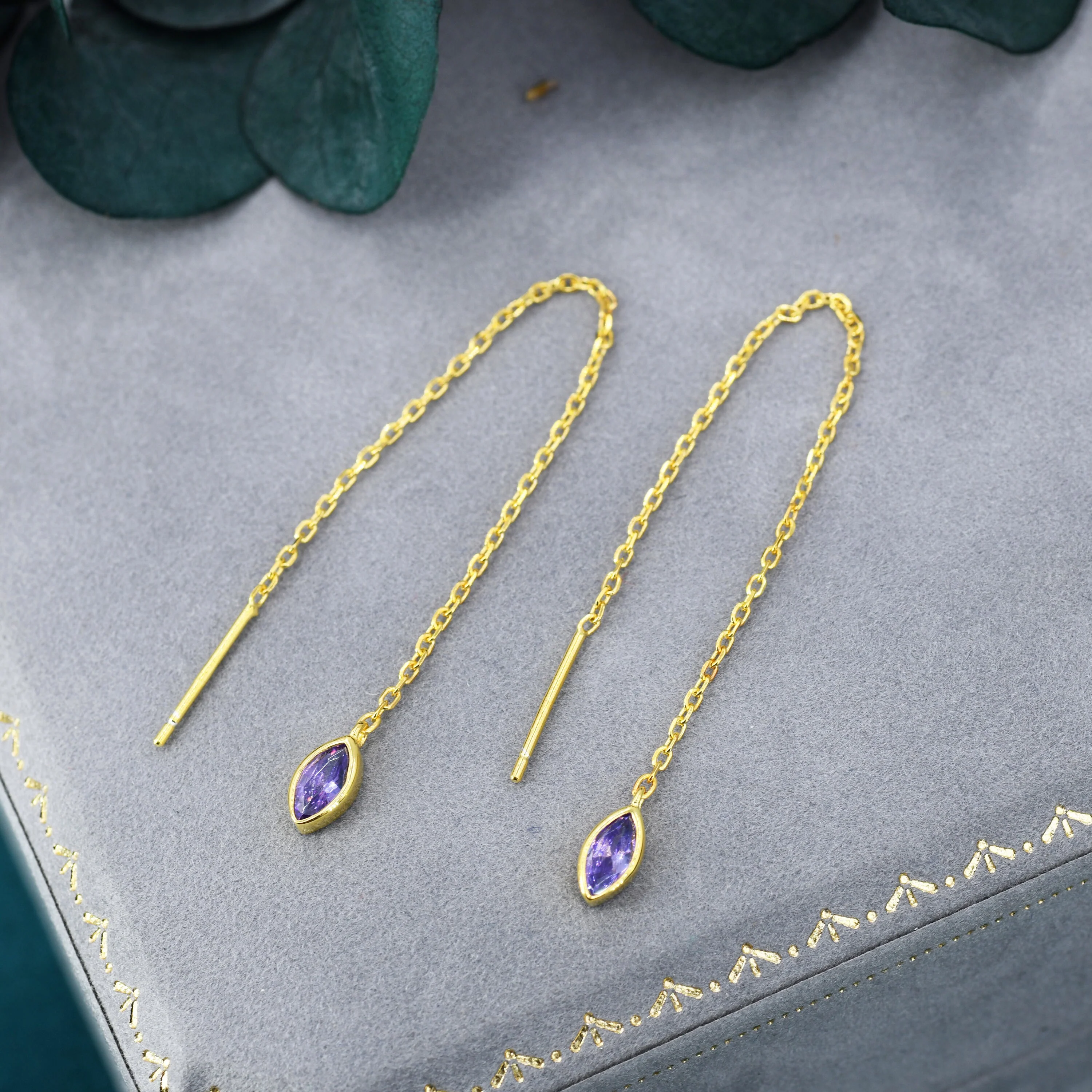 Tiny Purple Marquise CZ Threader Earrings in Sterling Silver, Silver or Gold, Marquise Cut CZ Ear Threaders, Sparkly Threaders - Image 4