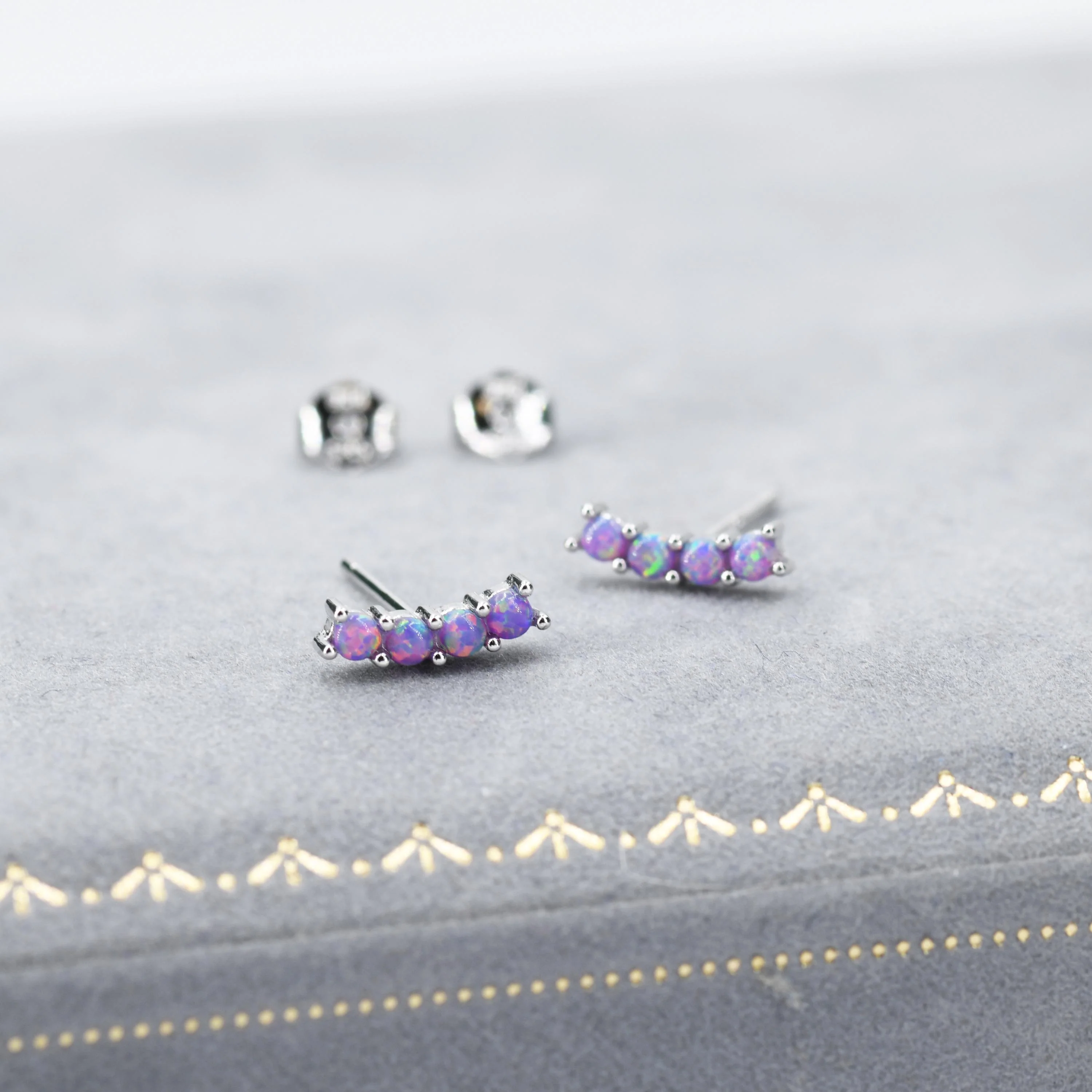 Tiny Purple Opal Curved Bar Screw Back / Stud Earrings in Sterling Silver, Silver or Gold, Opal Screw Back Earrings, Fire Opal