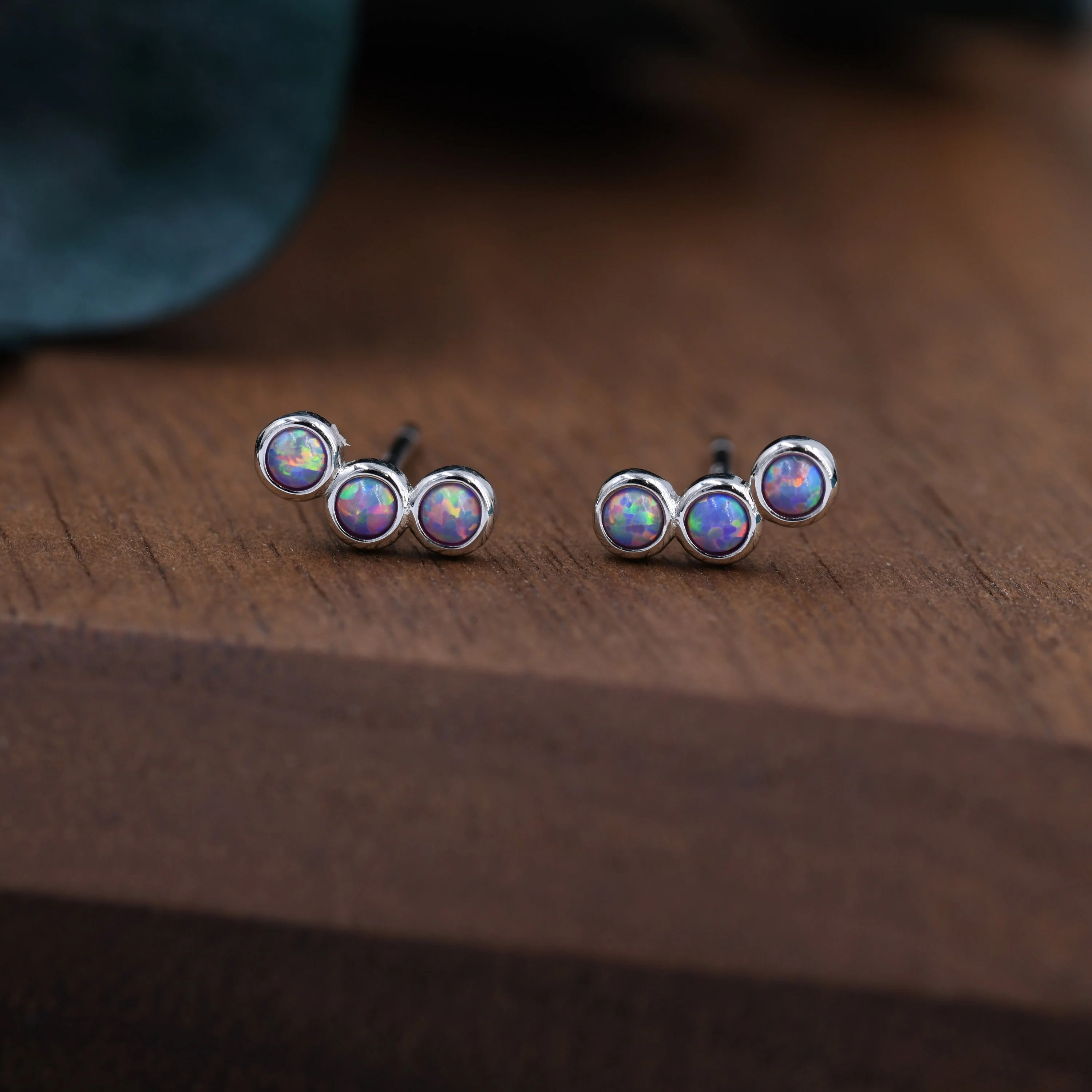 Tiny Purple Opal Trio Stud Earrings in Sterling Silver, Silver or Gold, Curved Bar Three Opal Earrings, Opal Stud, Small Opal Earrings - Image 6