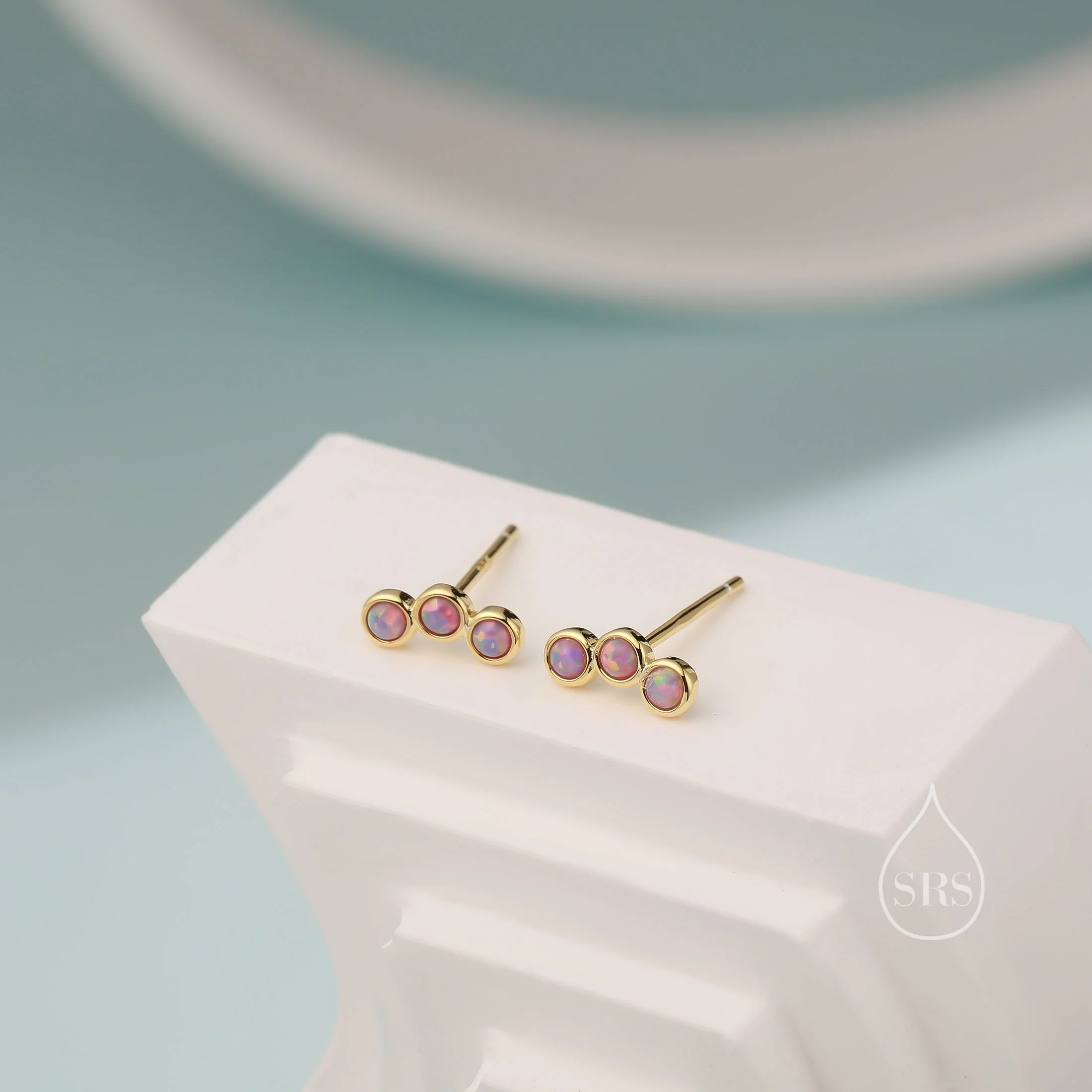 Tiny Purple Opal Trio Stud Earrings in Sterling Silver, Silver or Gold, Curved Bar Three Opal Earrings, Opal Stud, Small Opal Earrings - Image 8