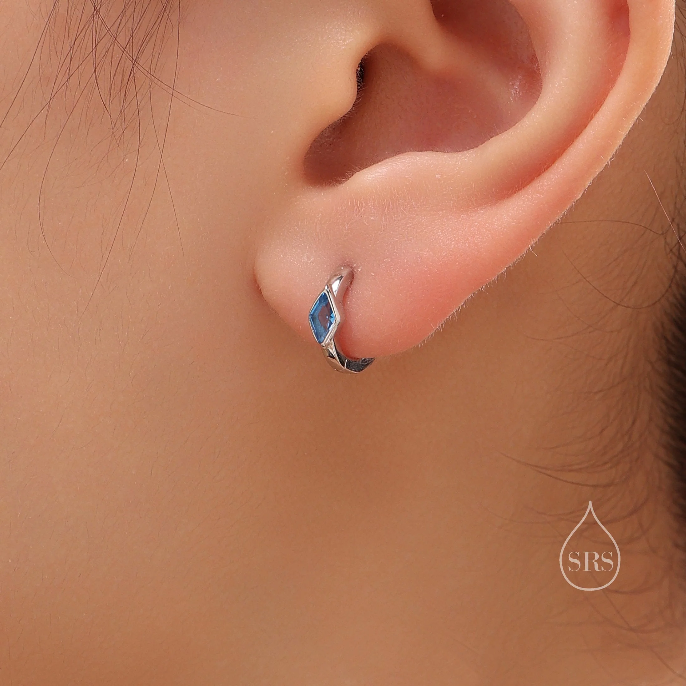 Tiny Rhombus Aquamarine Blue CZ Huggie Hoop in Sterling Silver, Silver or Gold, Minimalist Simple Kite Shape CZ Hoop Earrings - Image 4